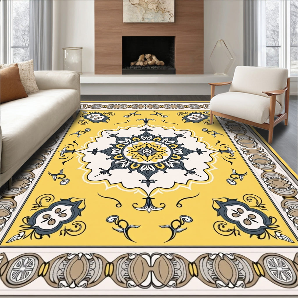 Bright Yellow Floral Mandala Design Rug