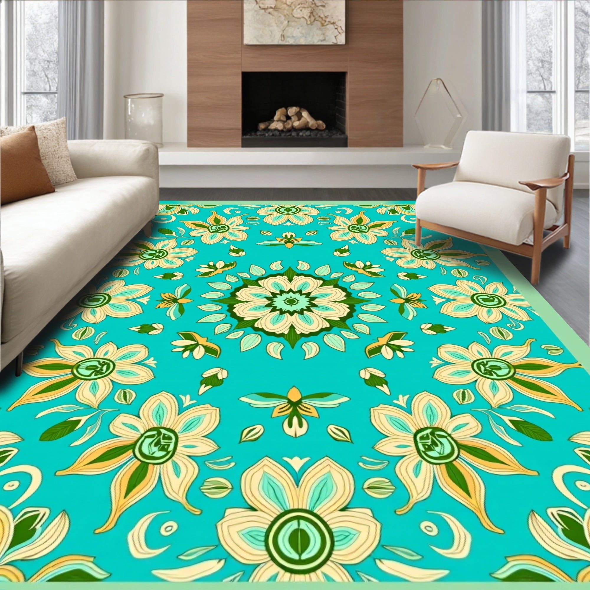 Floral Mandala Pattern With Teal Background Rug