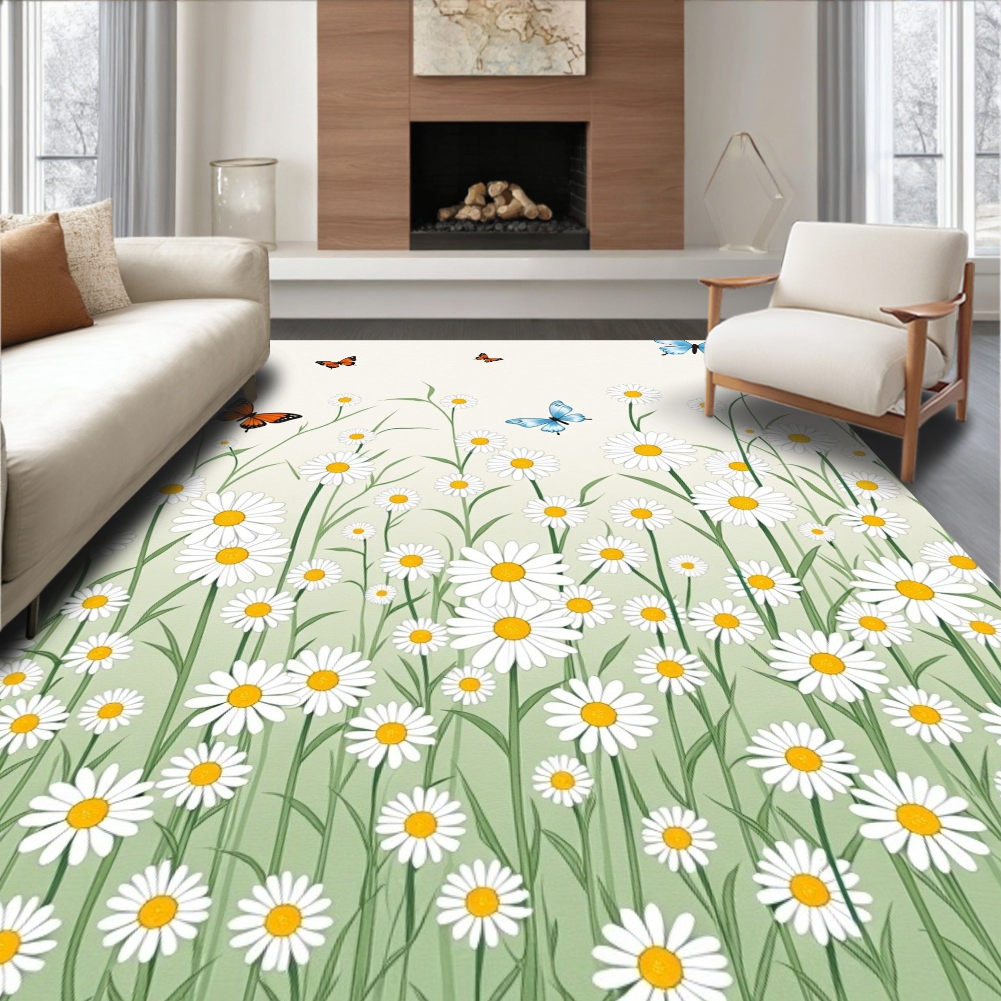 Daisy Meadow Butterfly Pattern Rug