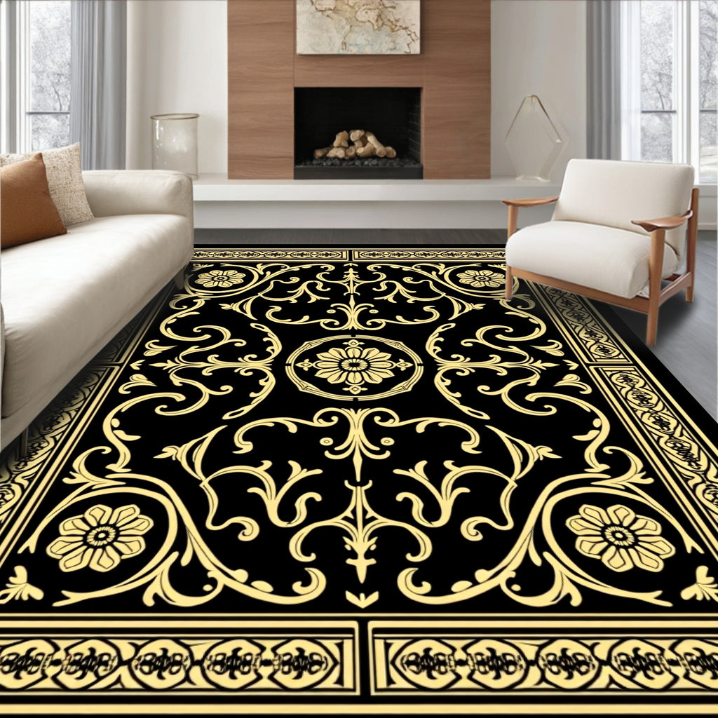 Golden Floral Scrollwork Black Accent Rug