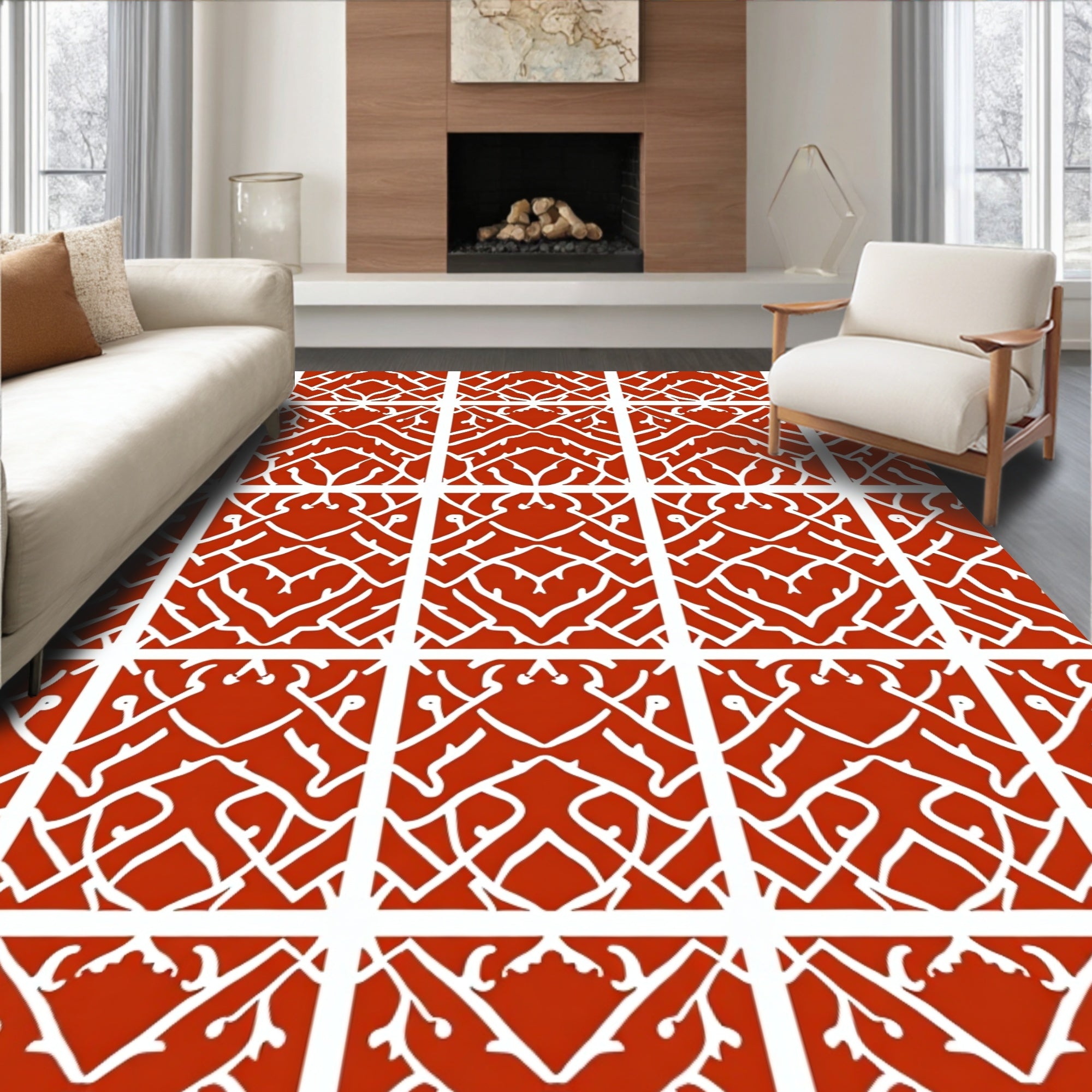 Red White Intricate Geometric Pattern Rug