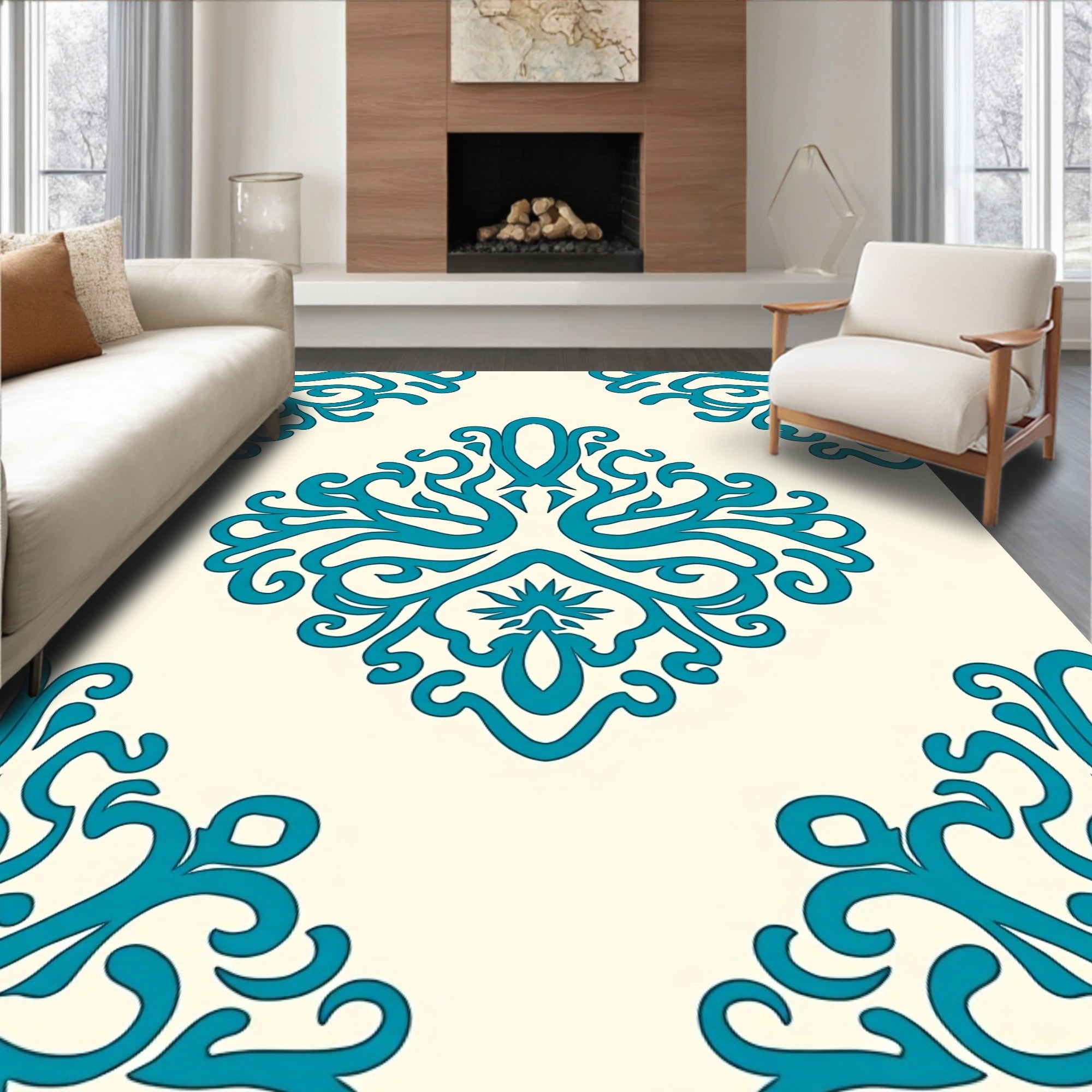 Teal Damask Flourish Pattern Rug