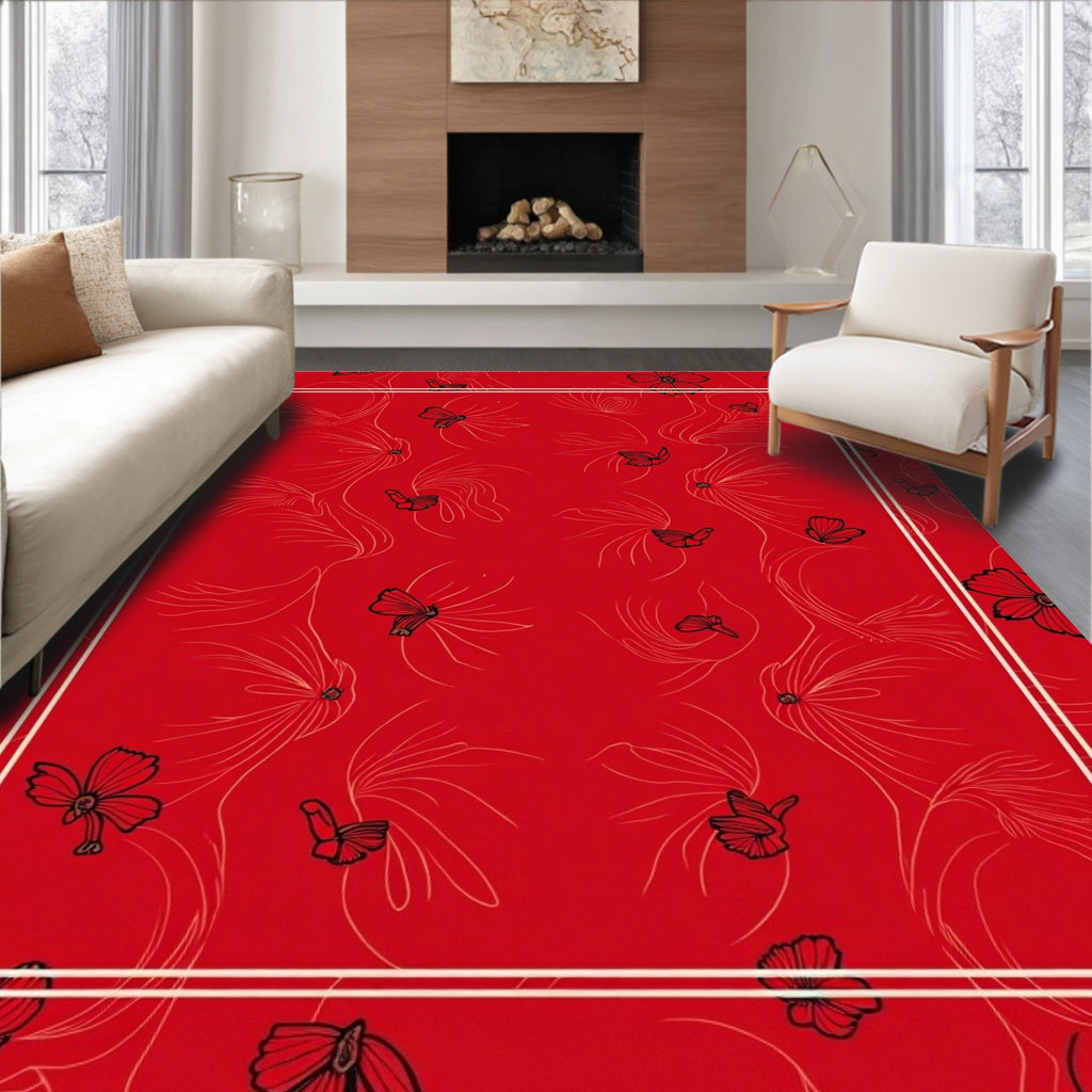 Vibrant Red Floral Butterfly Pattern Design Rug