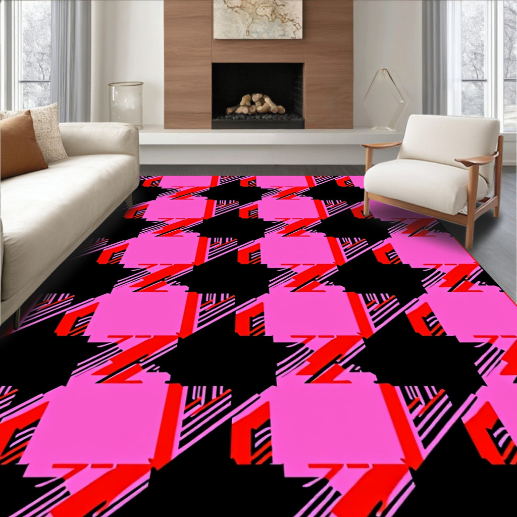 Bold Pink Black Stripe Checkered Rug