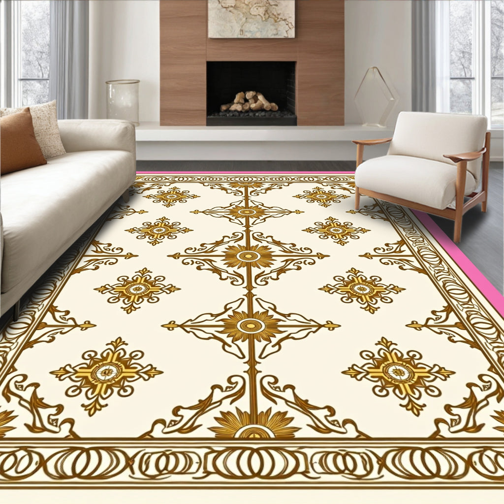 Gold Ornate Floral Scroll Pattern Rug