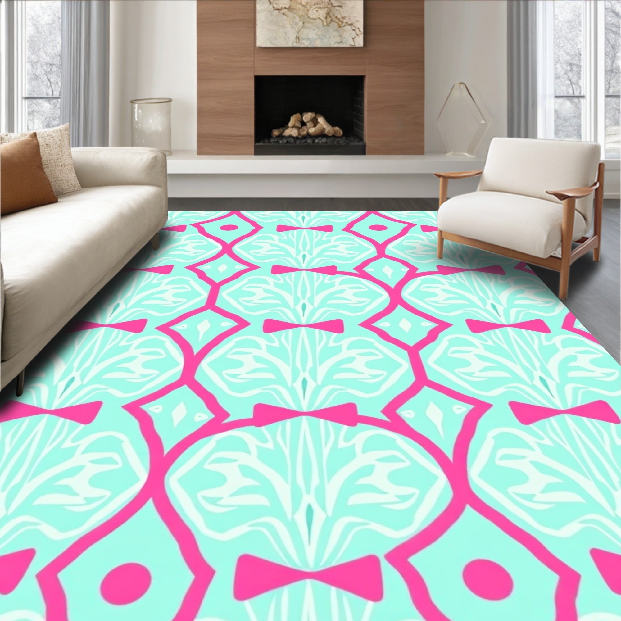 Pink Bows Teal Abstract Pattern Rug