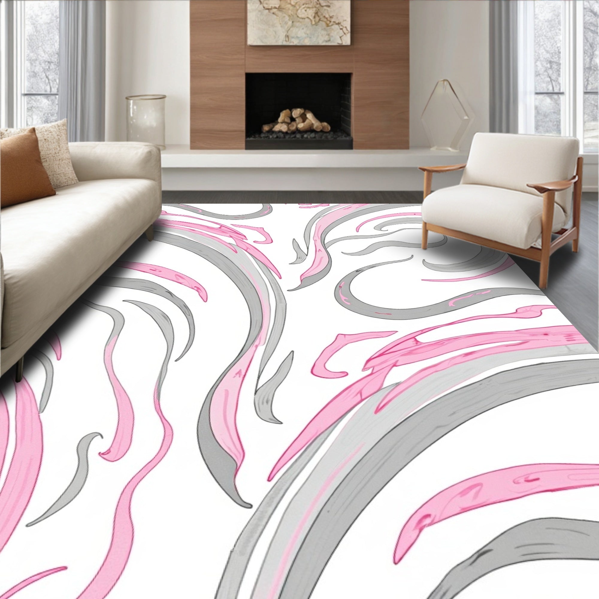 Blush Gray Swirl Abstract Design Rug