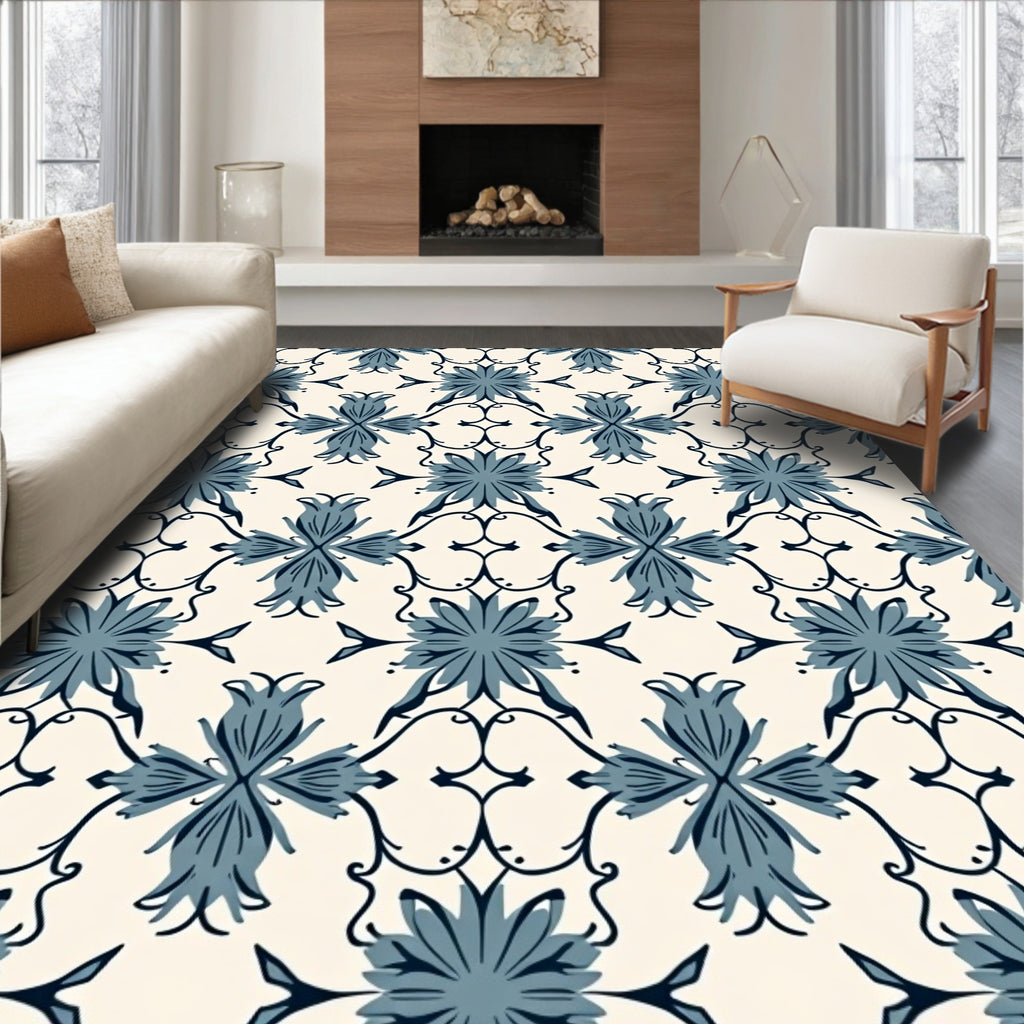 Vintage Blue Floral Scroll Pattern Rug