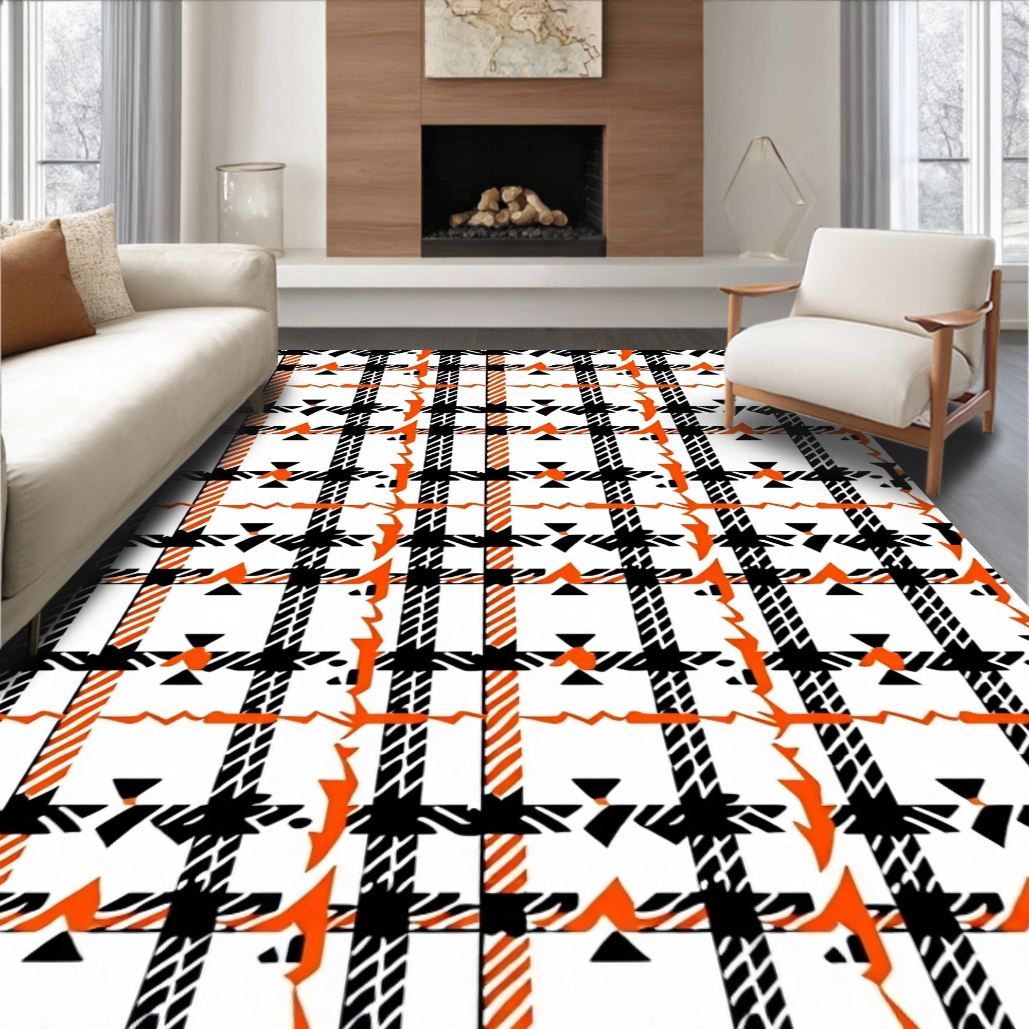 Bold Plaid Geometric Orange Pattern Rug