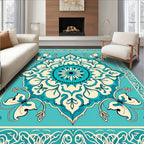 Turquoise Cream Floral Mandala Pattern Rug