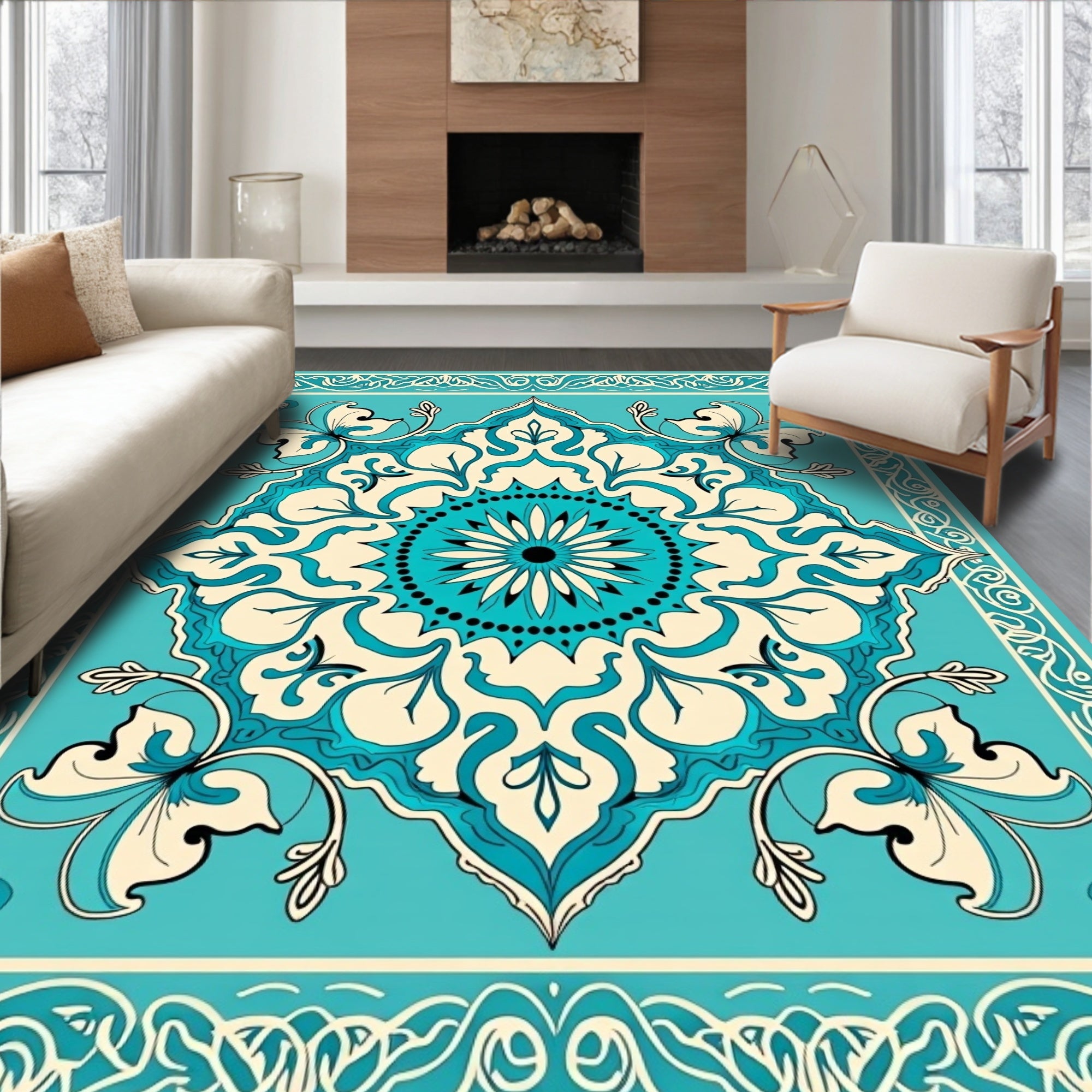 Turquoise Cream Floral Mandala Pattern Rug