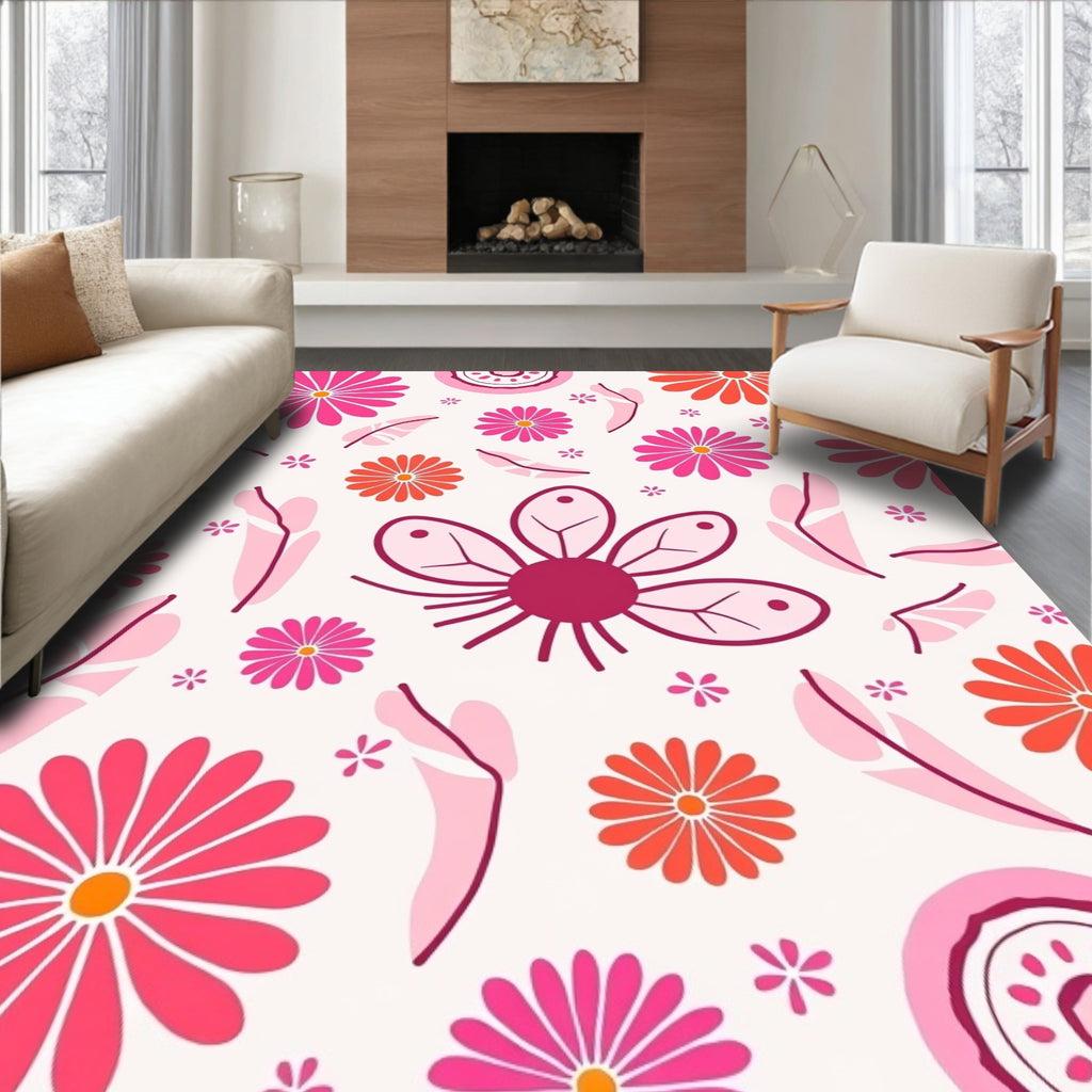 Whimsical Floral Patterned Bright Rug