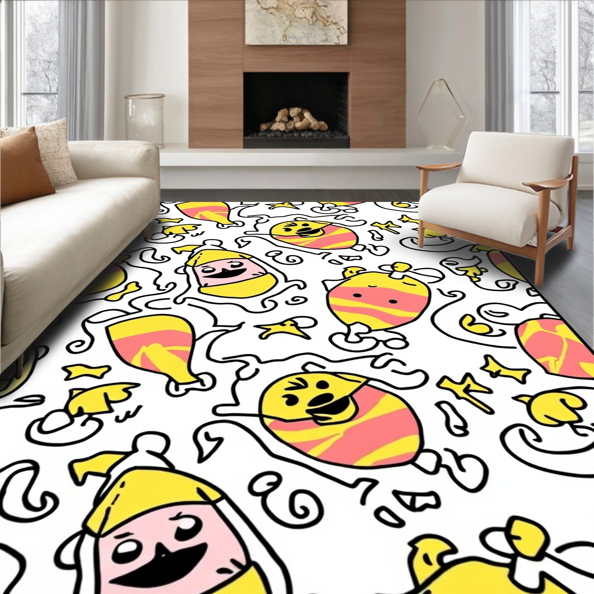 Whimsical Cartoon Characters Squiggles Design Rug
