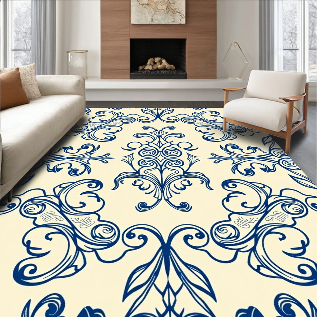 Classic Blue Ornamental Damask Pattern Rug