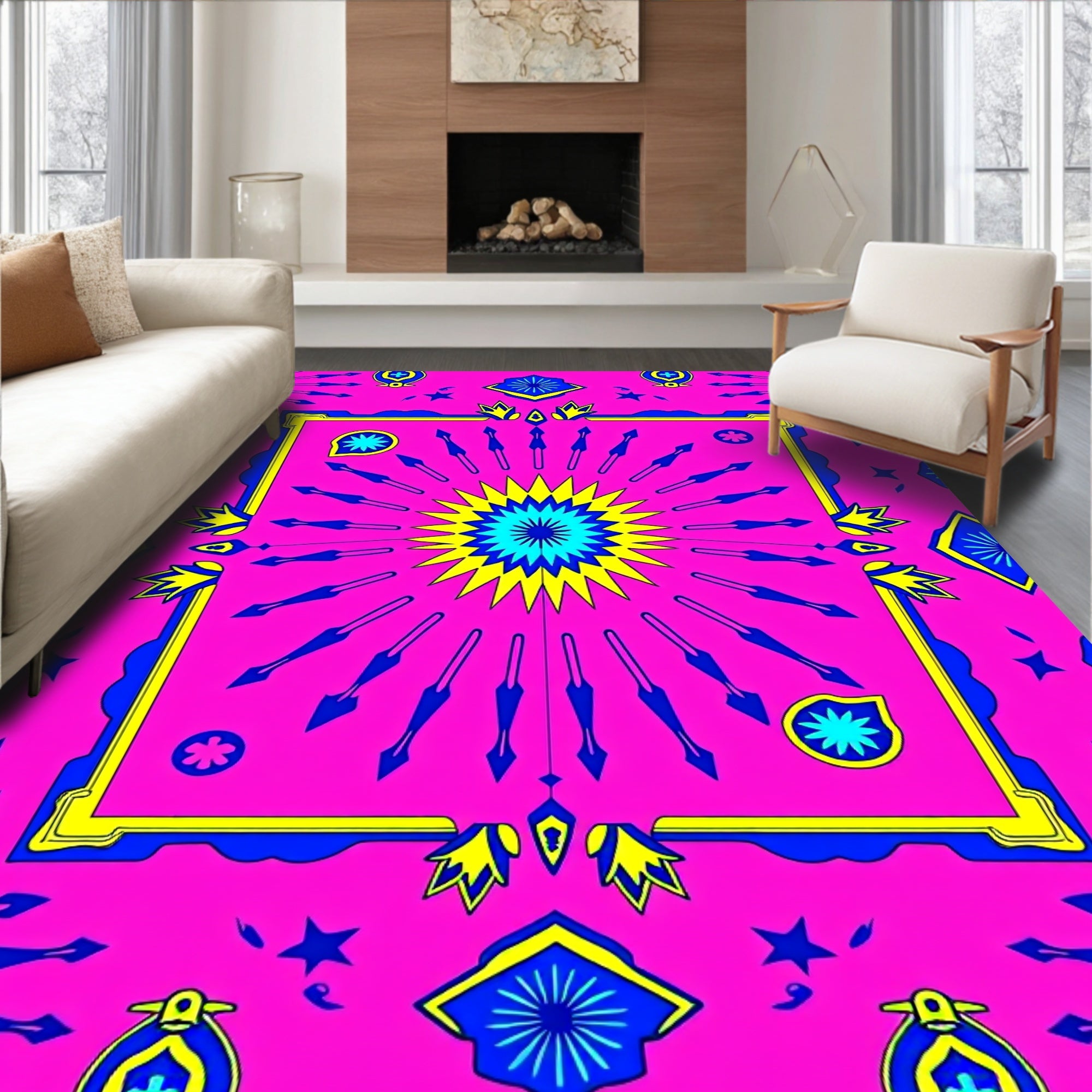 Vibrant Pink Blue Geometric Sunburst Rug