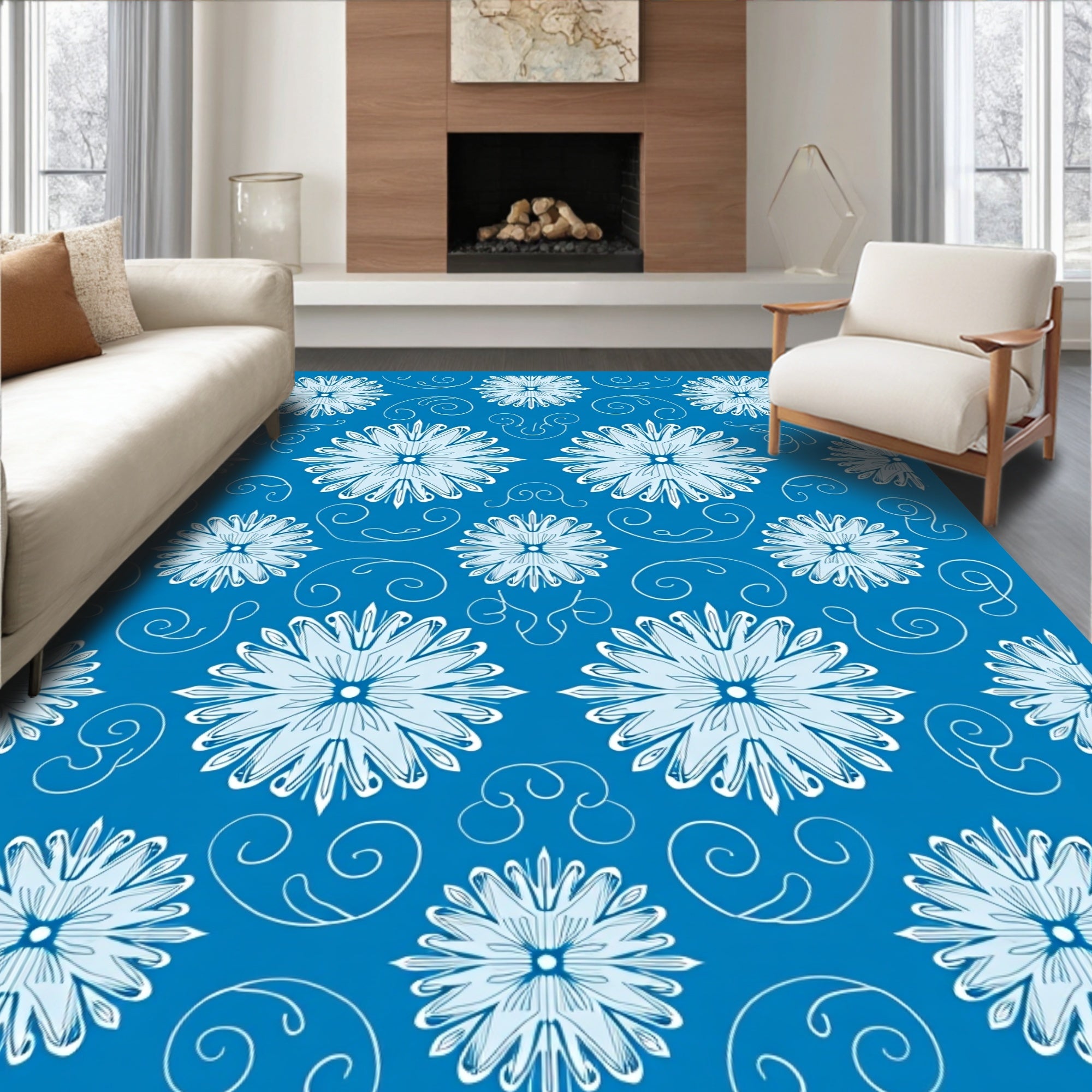 Art Nouveau Floral Swirl Blue Rug