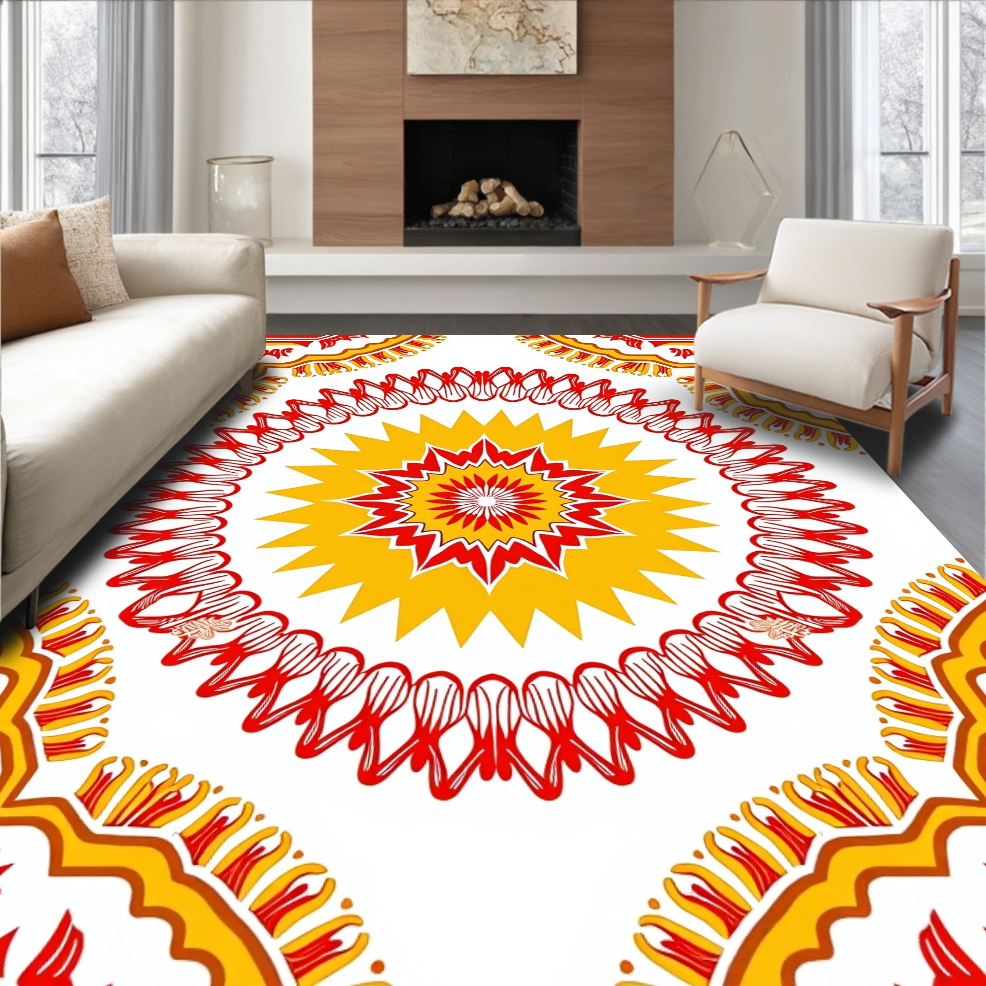 Red Yellow Intricate Floral Medallion Design Rug
