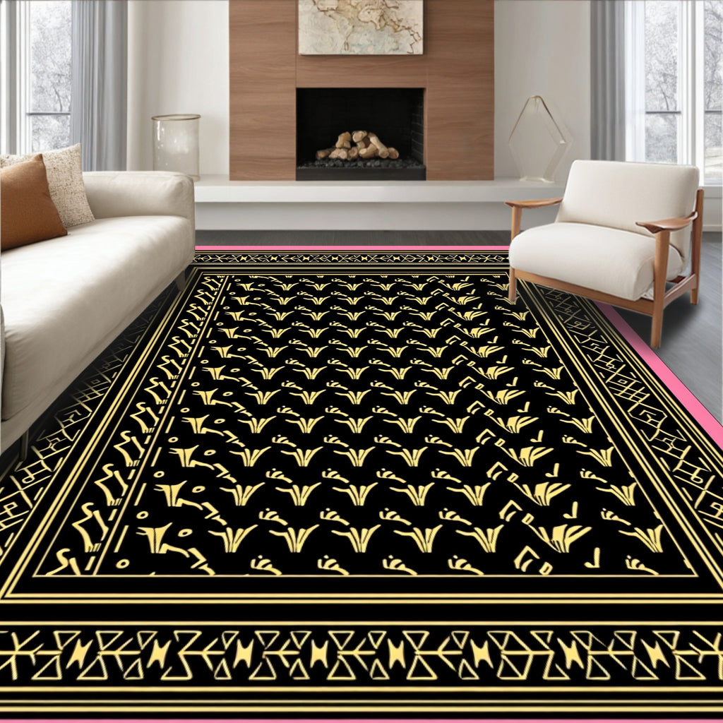 Black Golden Floral Geometric Border Rug