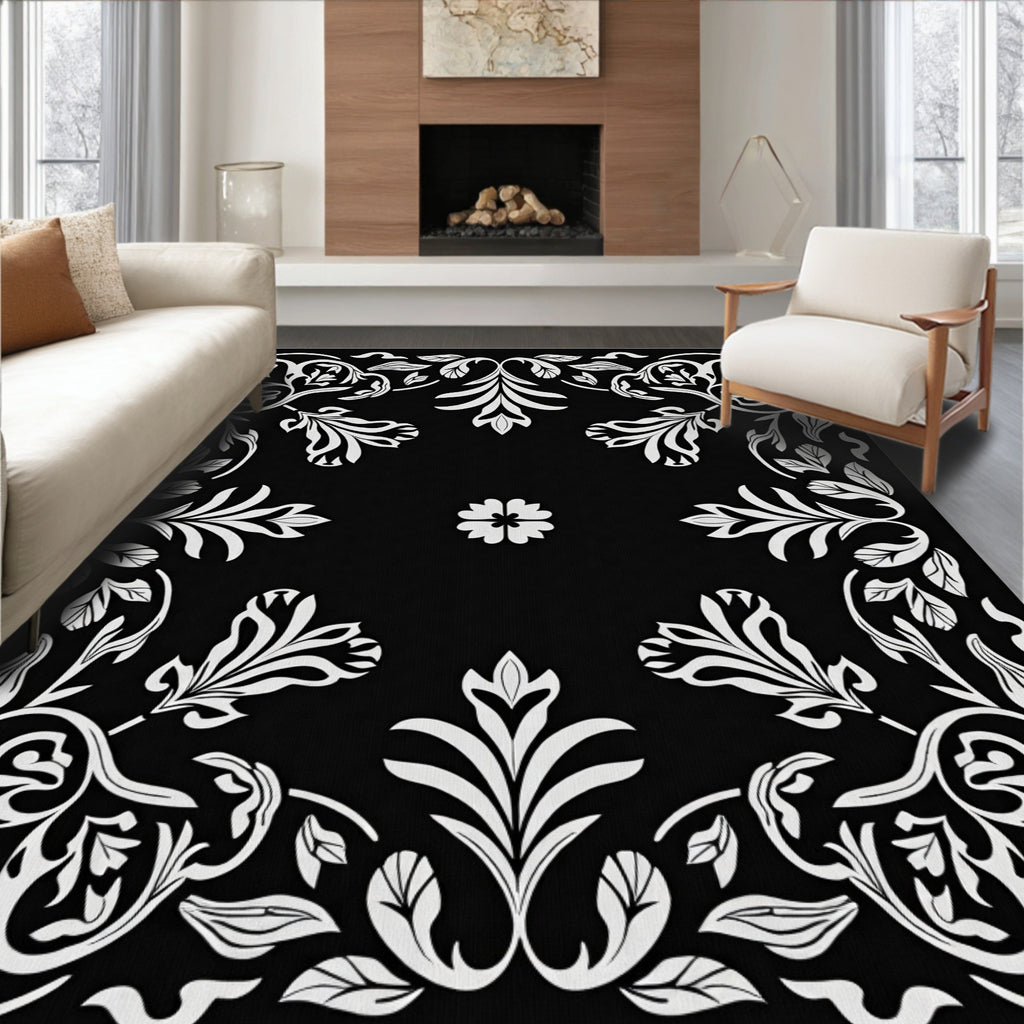 Black White Floral Scroll Pattern Rug