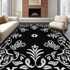 Black White Floral Scroll Pattern Rug
