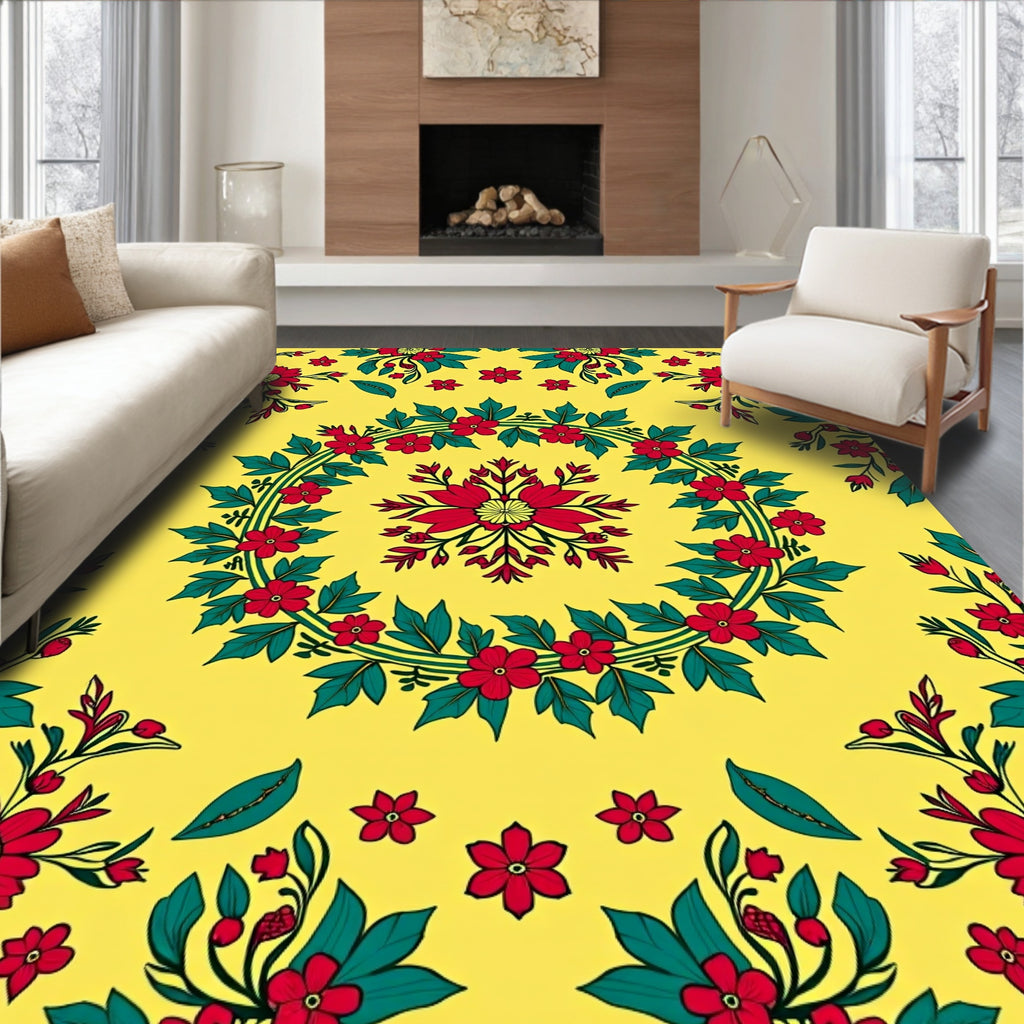 Red Floral Wreath Patterned Yellow Rug
