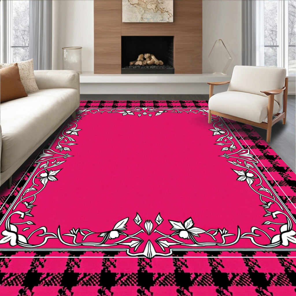 Pink Black Checkered Floral Frame Rug