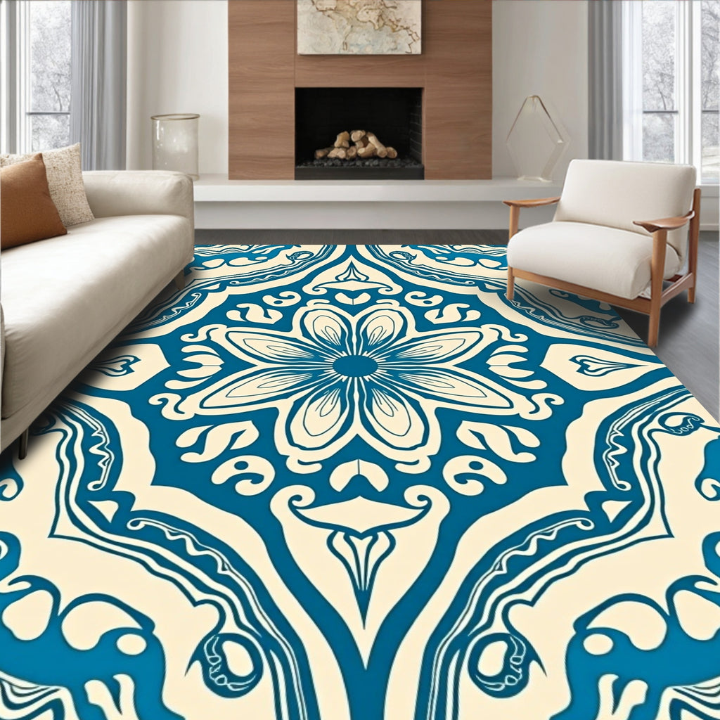 Elegant Teal Floral Mandala Pattern Rug