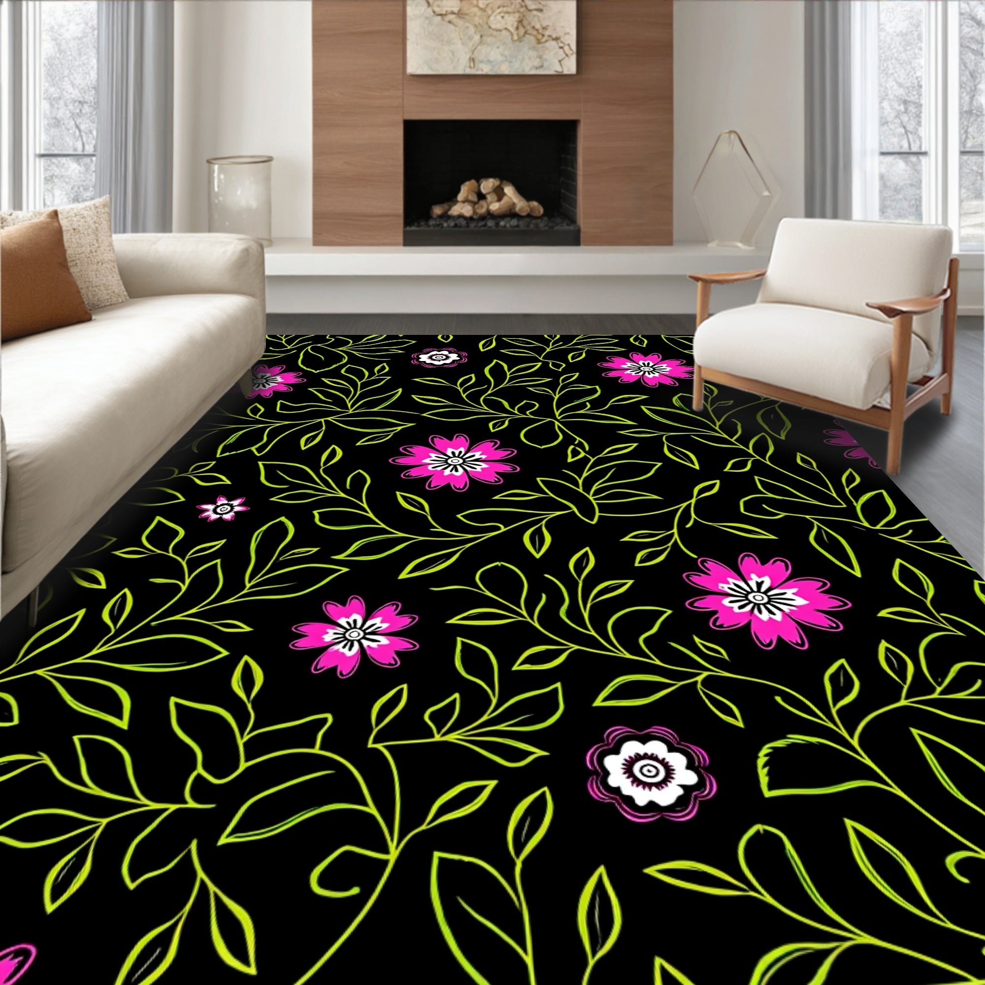 Dark Floral Vines With Pink Blooms Rug