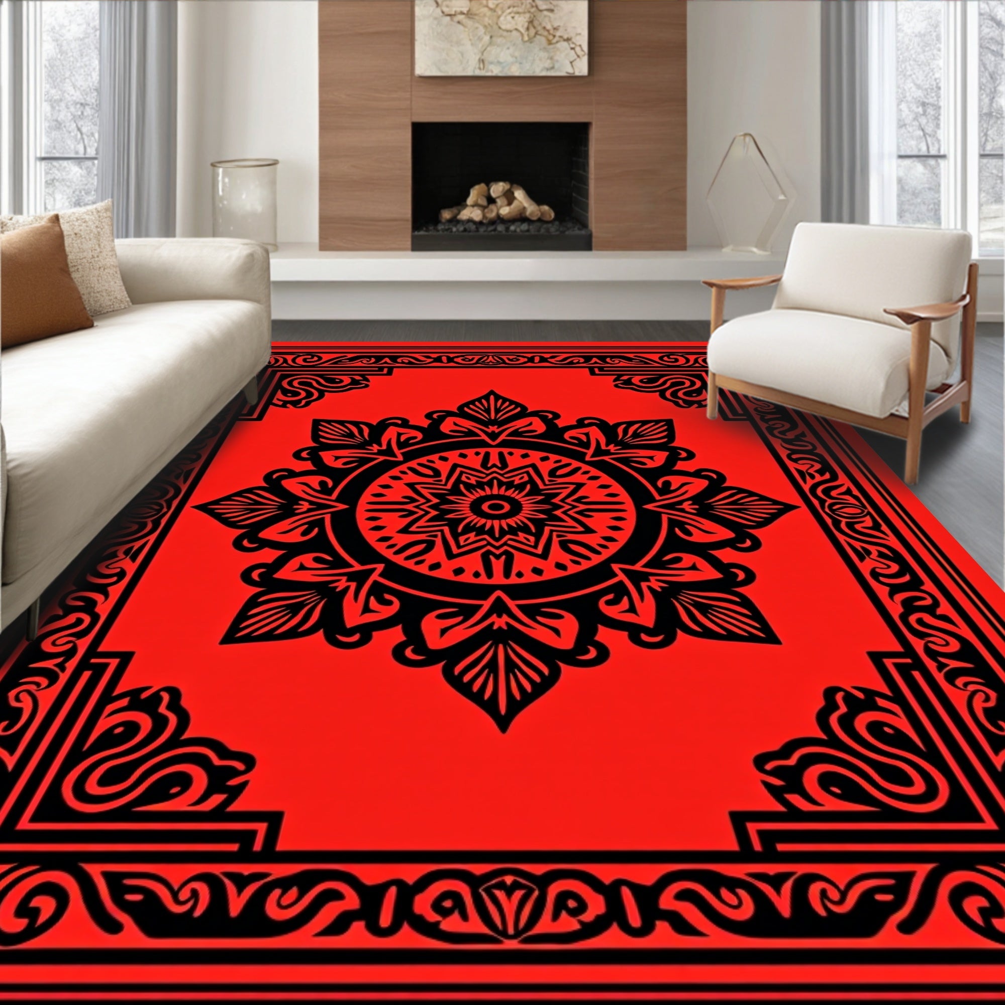 Abstract Red Black Mandala Pattern Rug