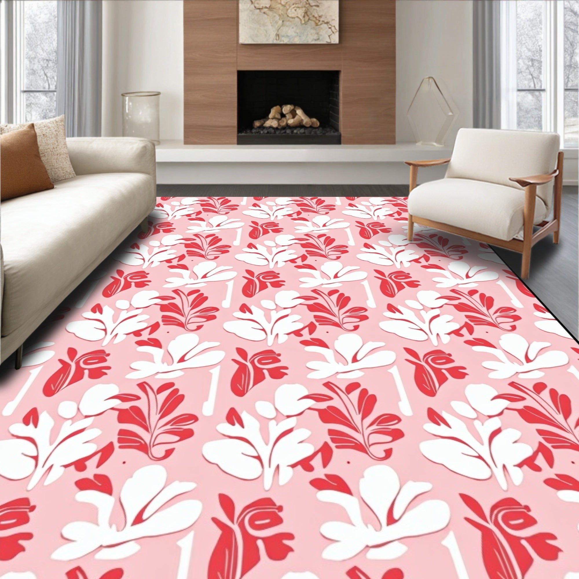 Red White Floral Pattern Design Rug