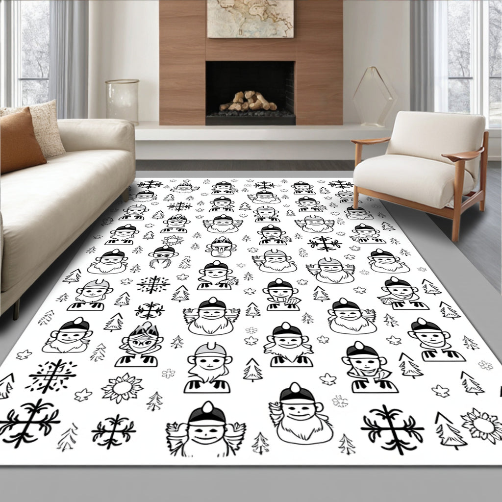 Black and White Character Snowflakes Trees Rug