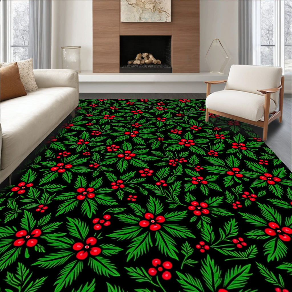 Festive Red Holly Berry Green Leaves Rug