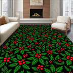 Festive Red Holly Berry Green Leaves Rug