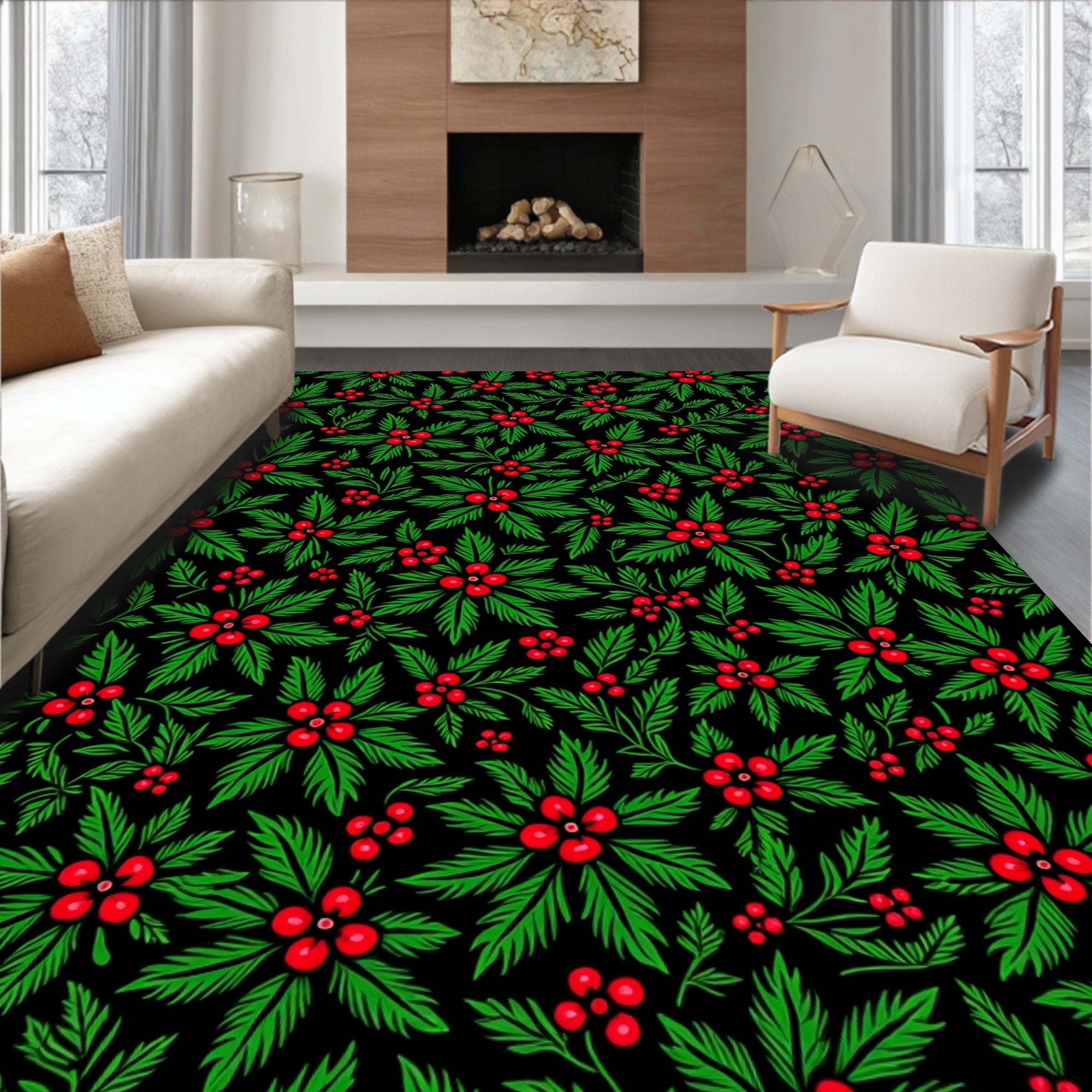 Festive Red Holly Berry Green Leaves Rug