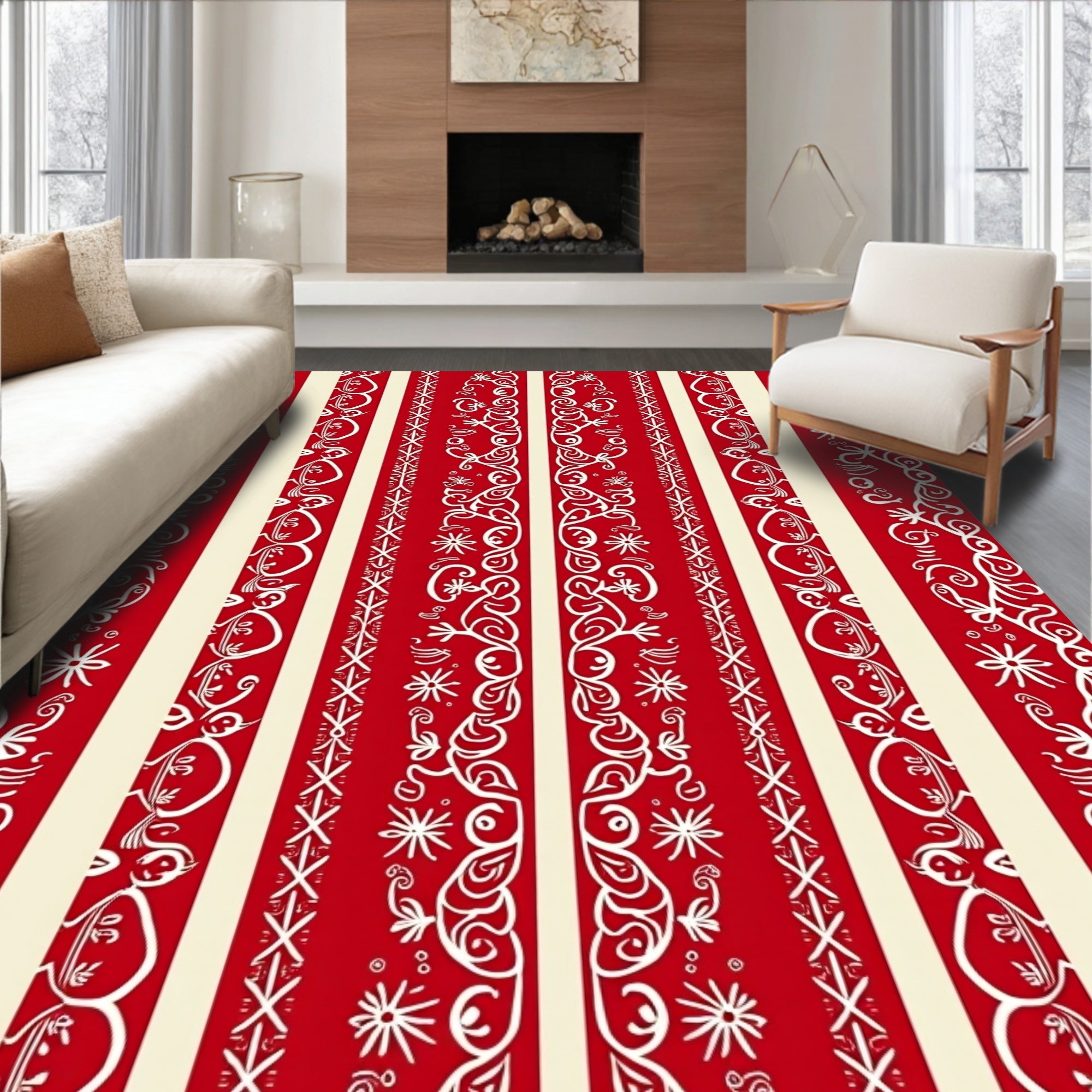 Red Cream Ornate Stripe Pattern Rug