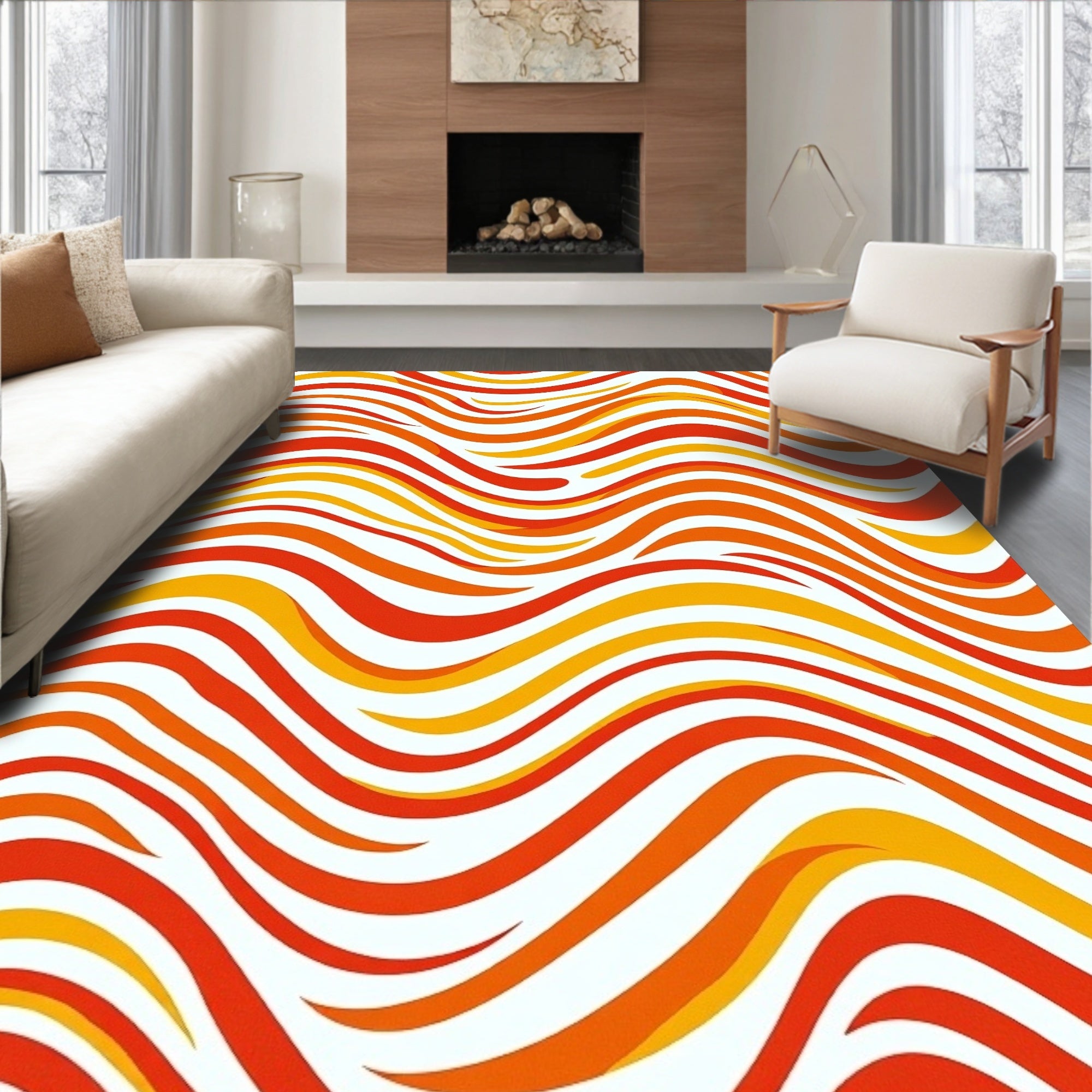 Abstract Wavy Orange Yellow Stripes Rug
