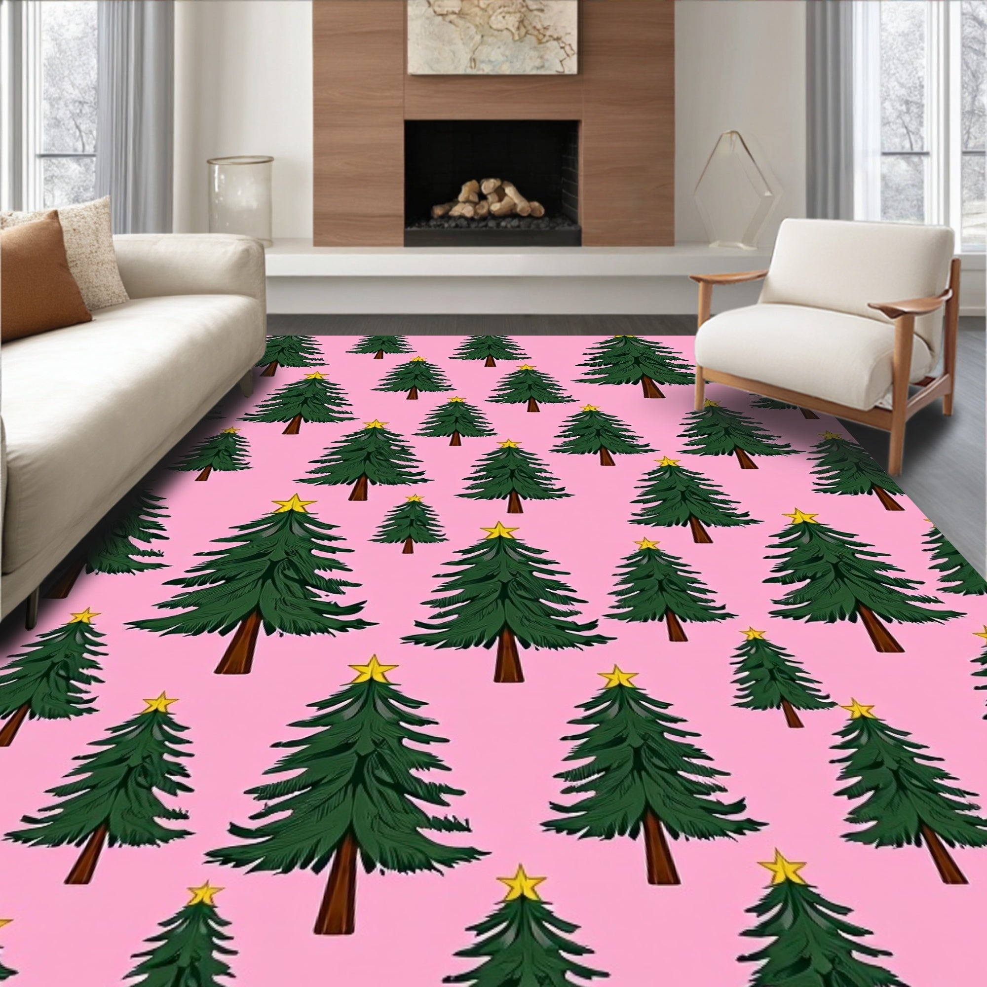 Green Christmas Trees with Yellow Stars Rug
