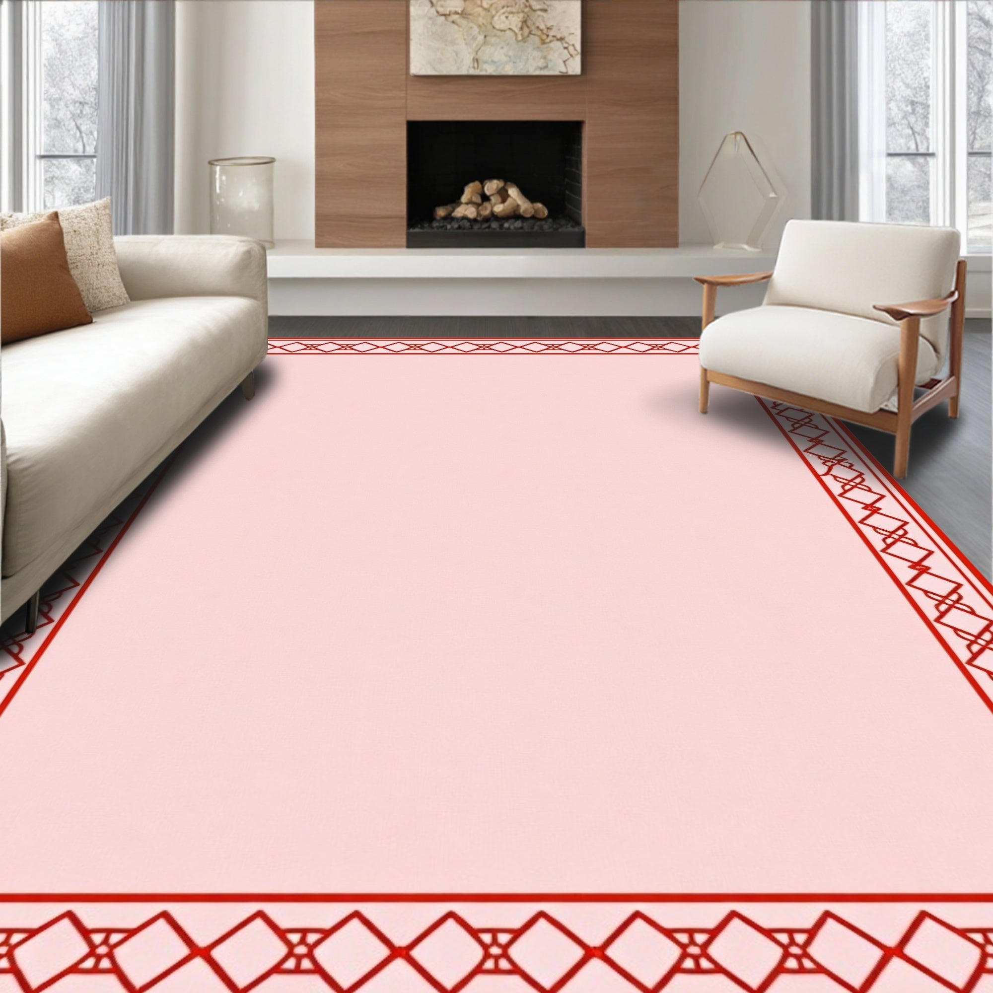 Red Geometric Diamond Border Pattern Rug