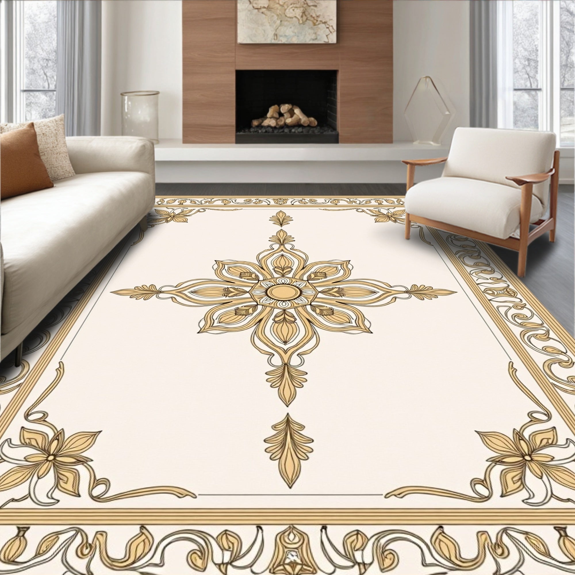 Golden Floral Centered Classic Design Rug