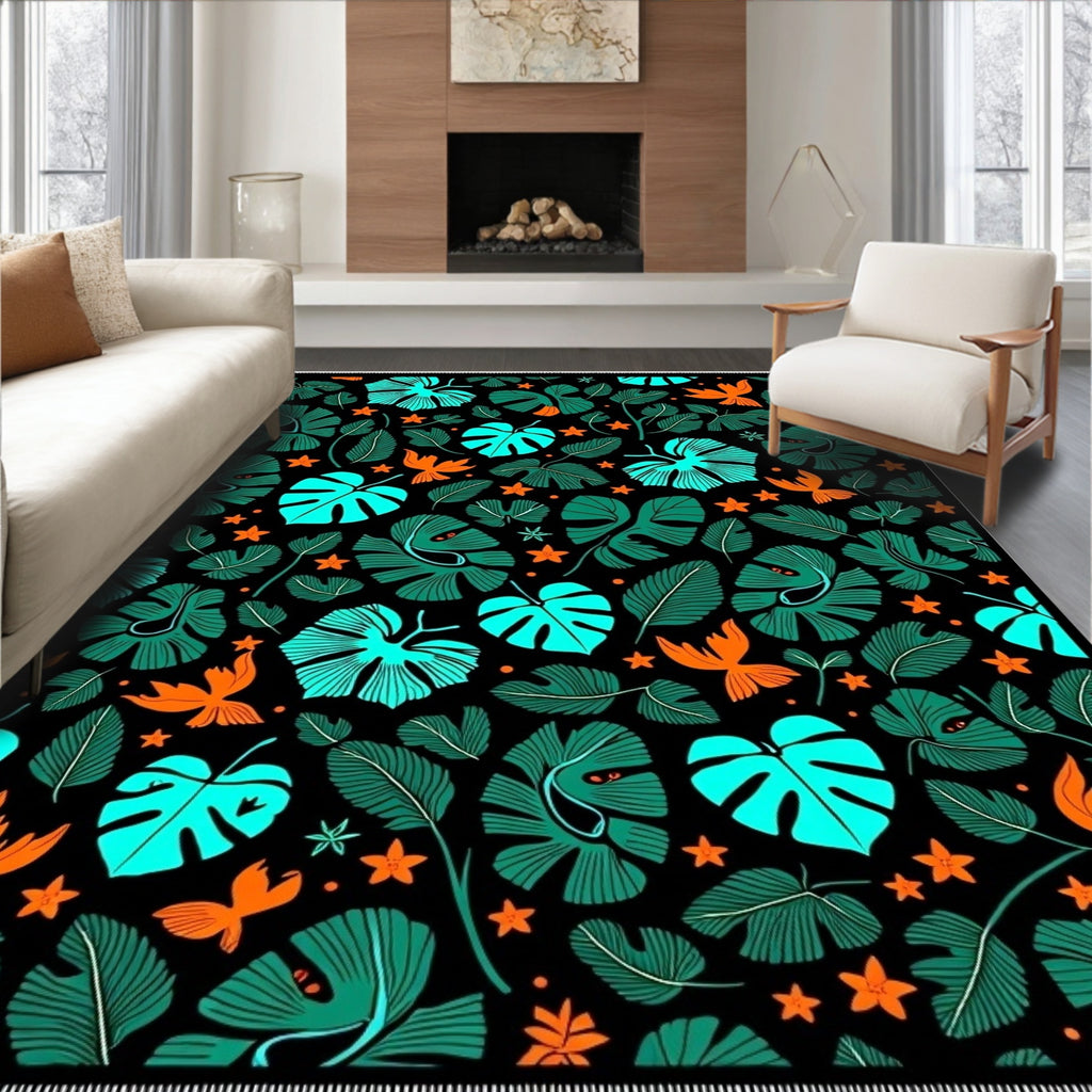 Vibrant Tropical Leaves Orange Birds Rug