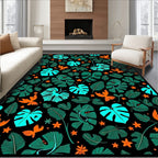 Vibrant Tropical Leaves Orange Birds Rug