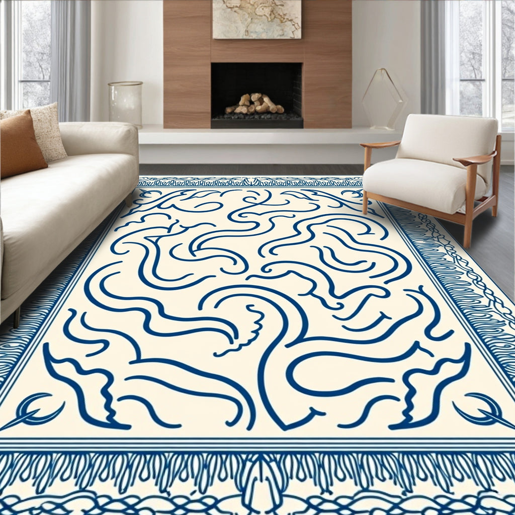 Classic Blue Swirling Outline Pattern Rug