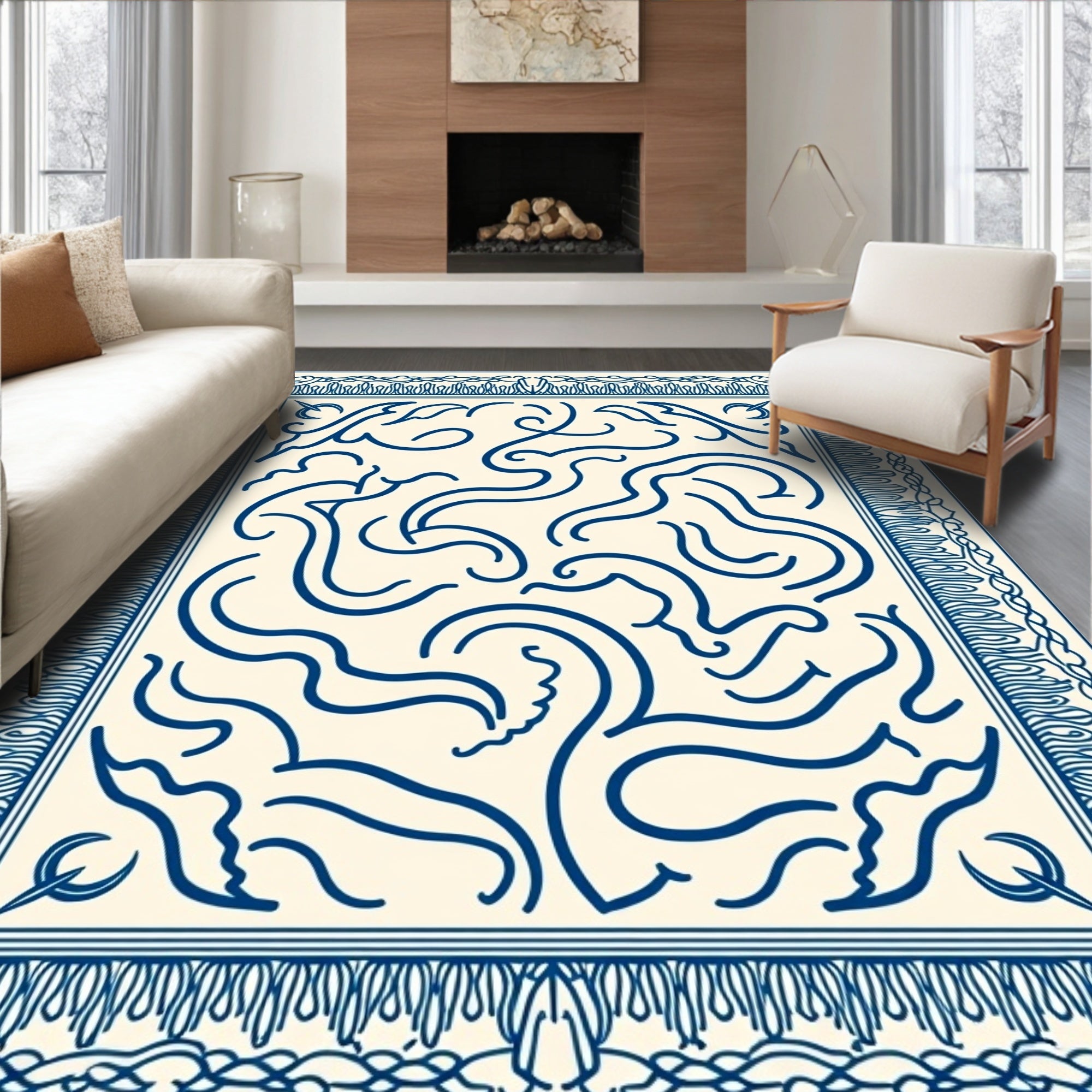Classic Blue Swirling Outline Pattern Rug