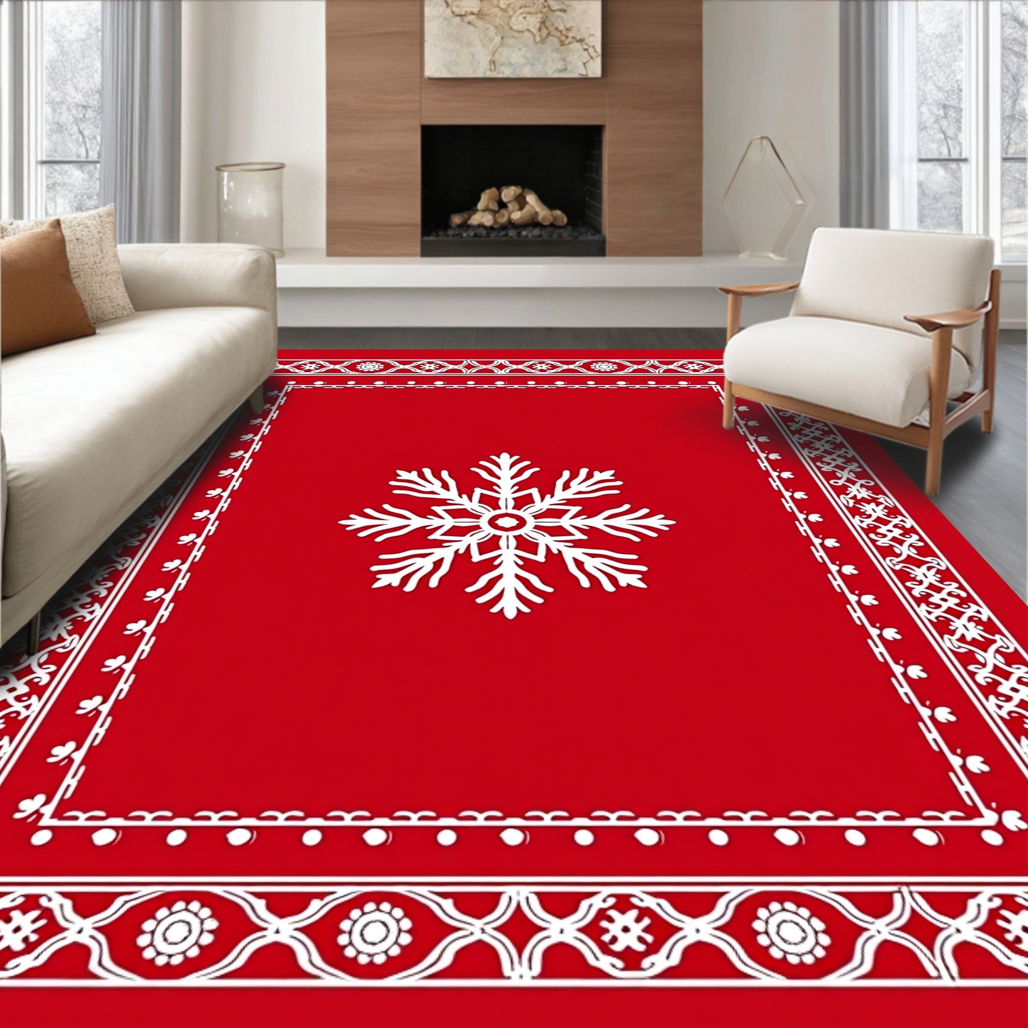 Ornate Snowflake Red Patterned Rug