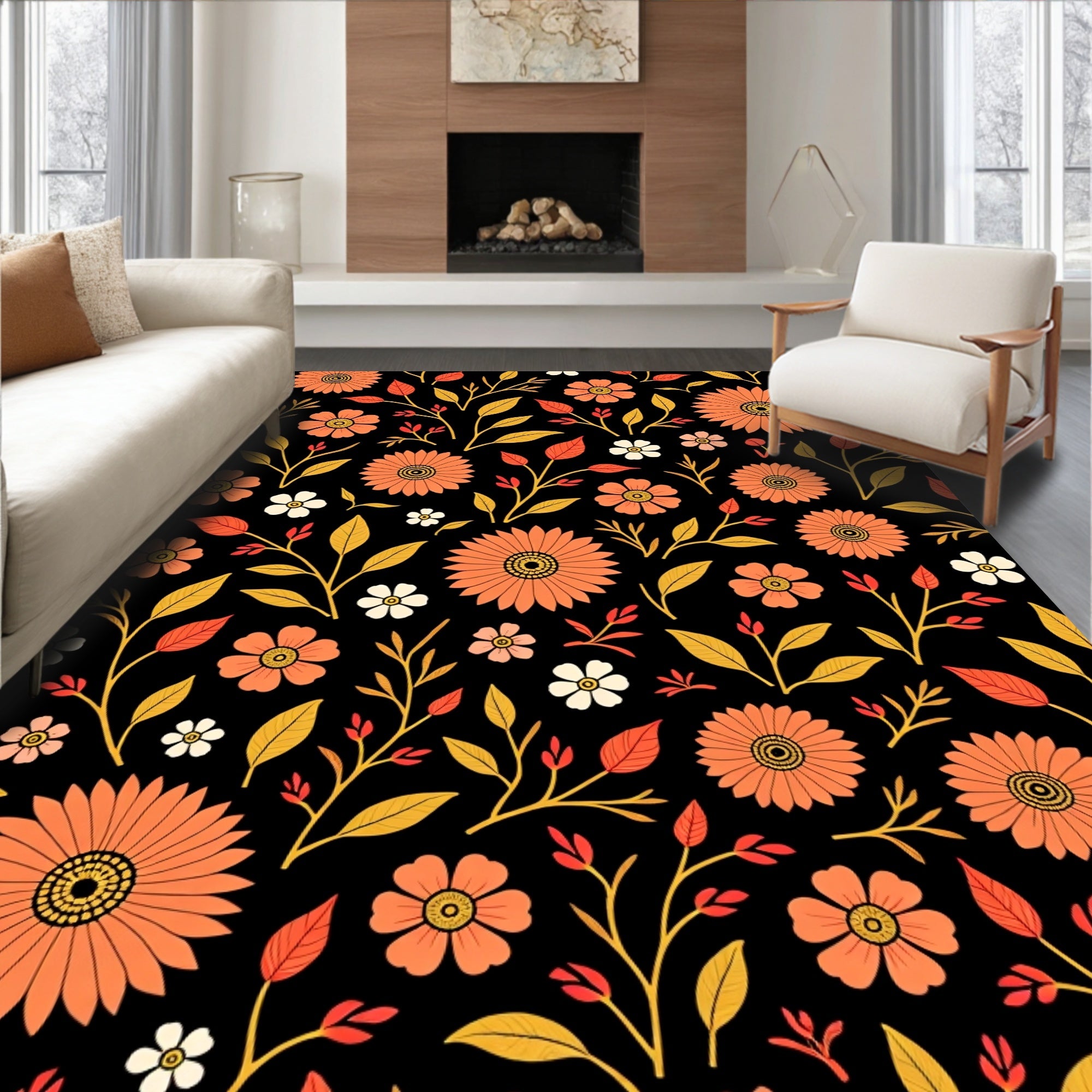 Orange Floral Vine Pattern Black Background Rug