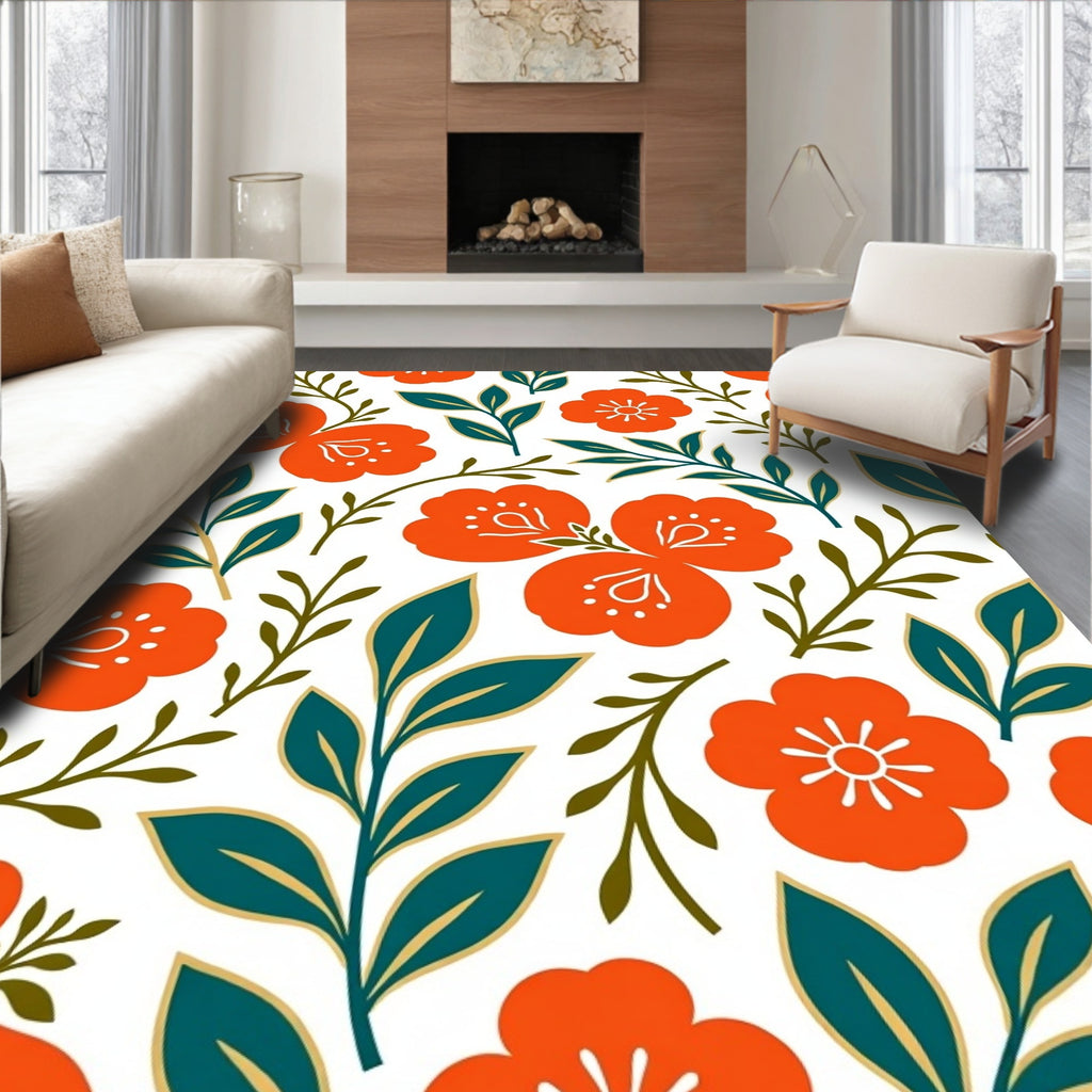 Orange Floral Botanical Pattern Rug