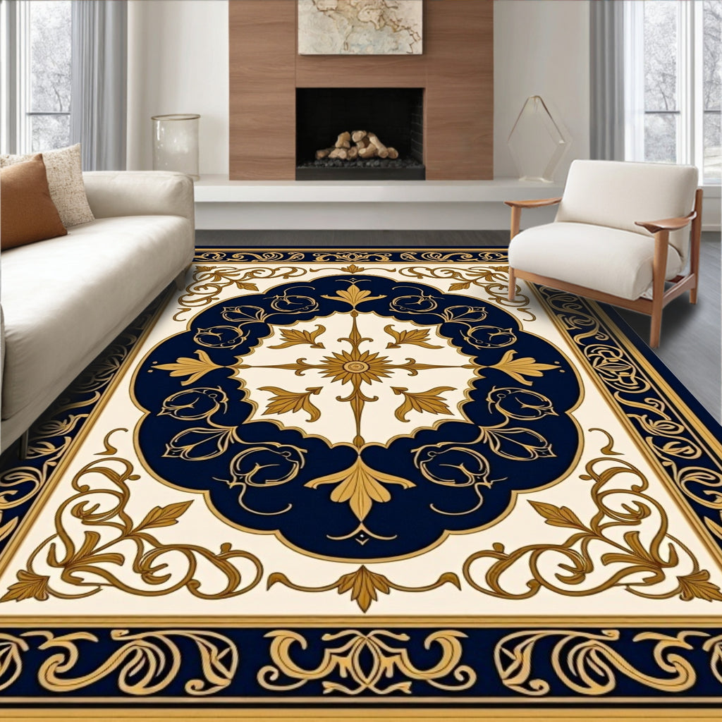 Ornate Navy Gold Floral Scroll Rug