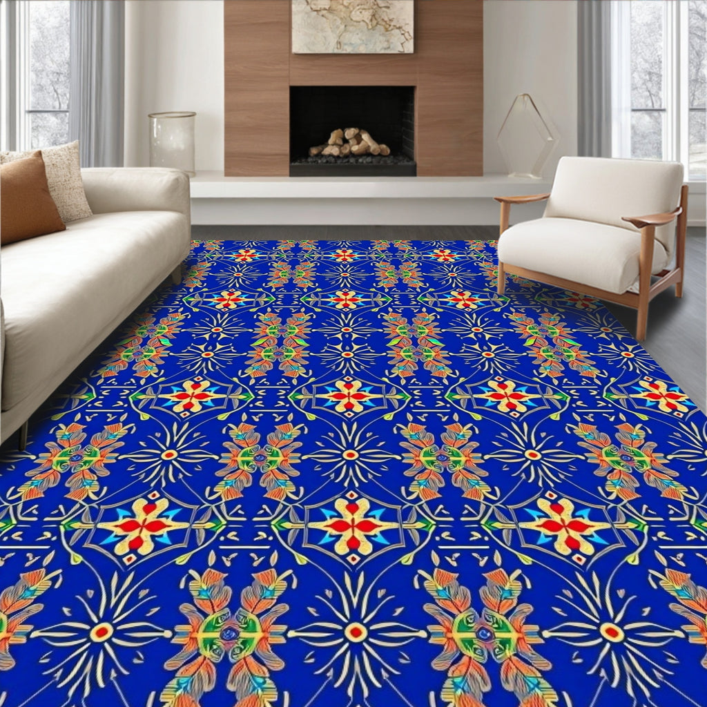 Vibrant Blue Floral Regal Pattern Rug