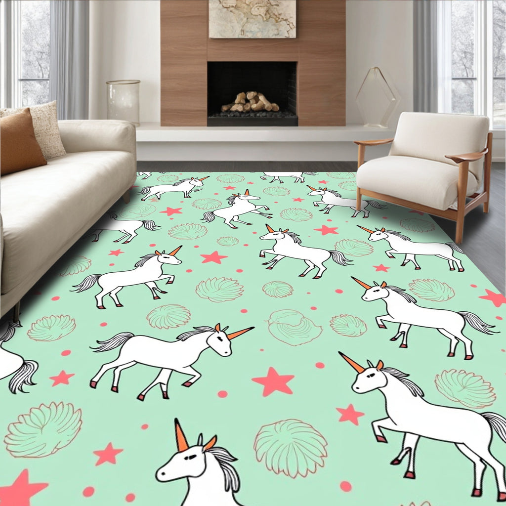 White Unicorn Star Mint Green Pattern Rug
