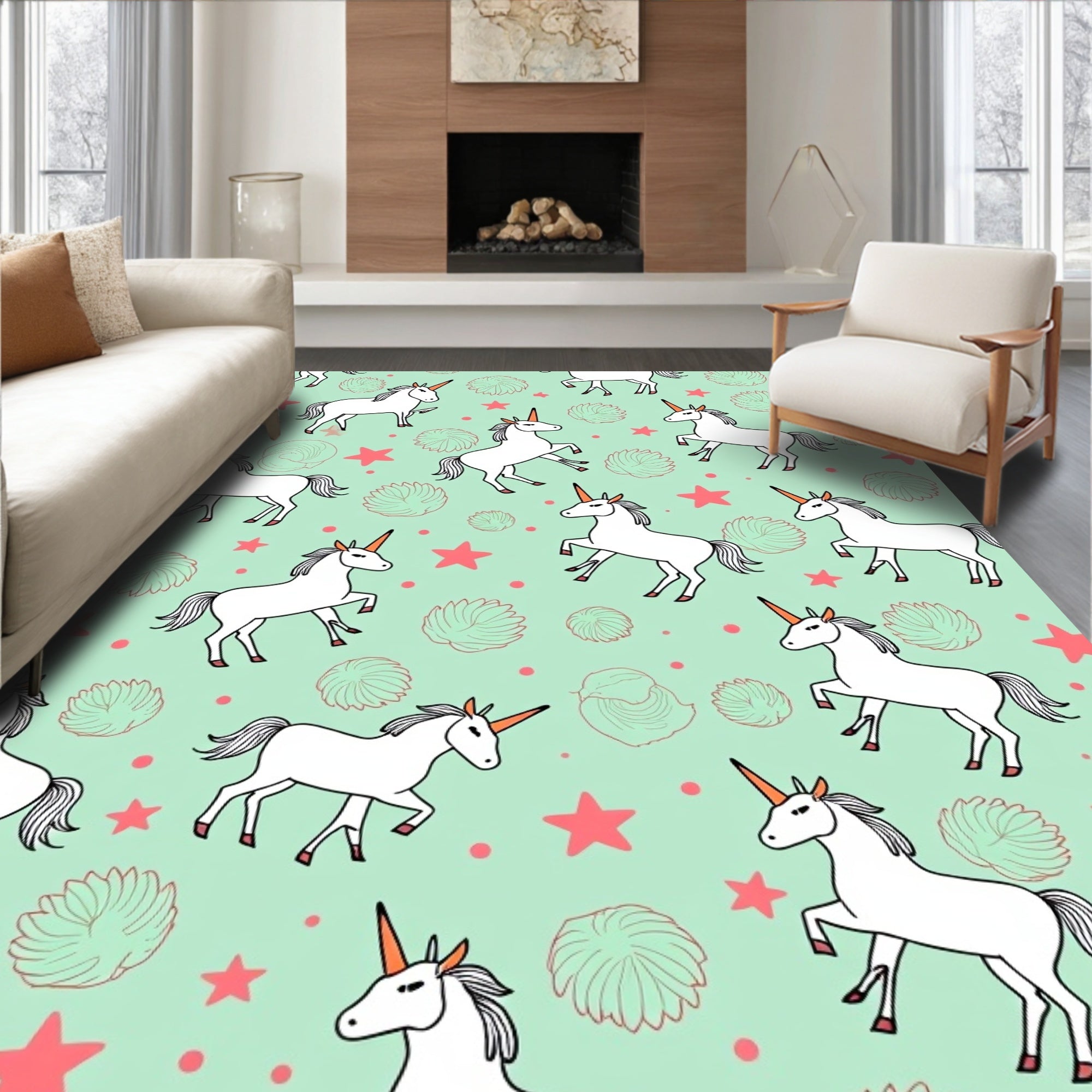 White Unicorn Star Mint Green Pattern Rug